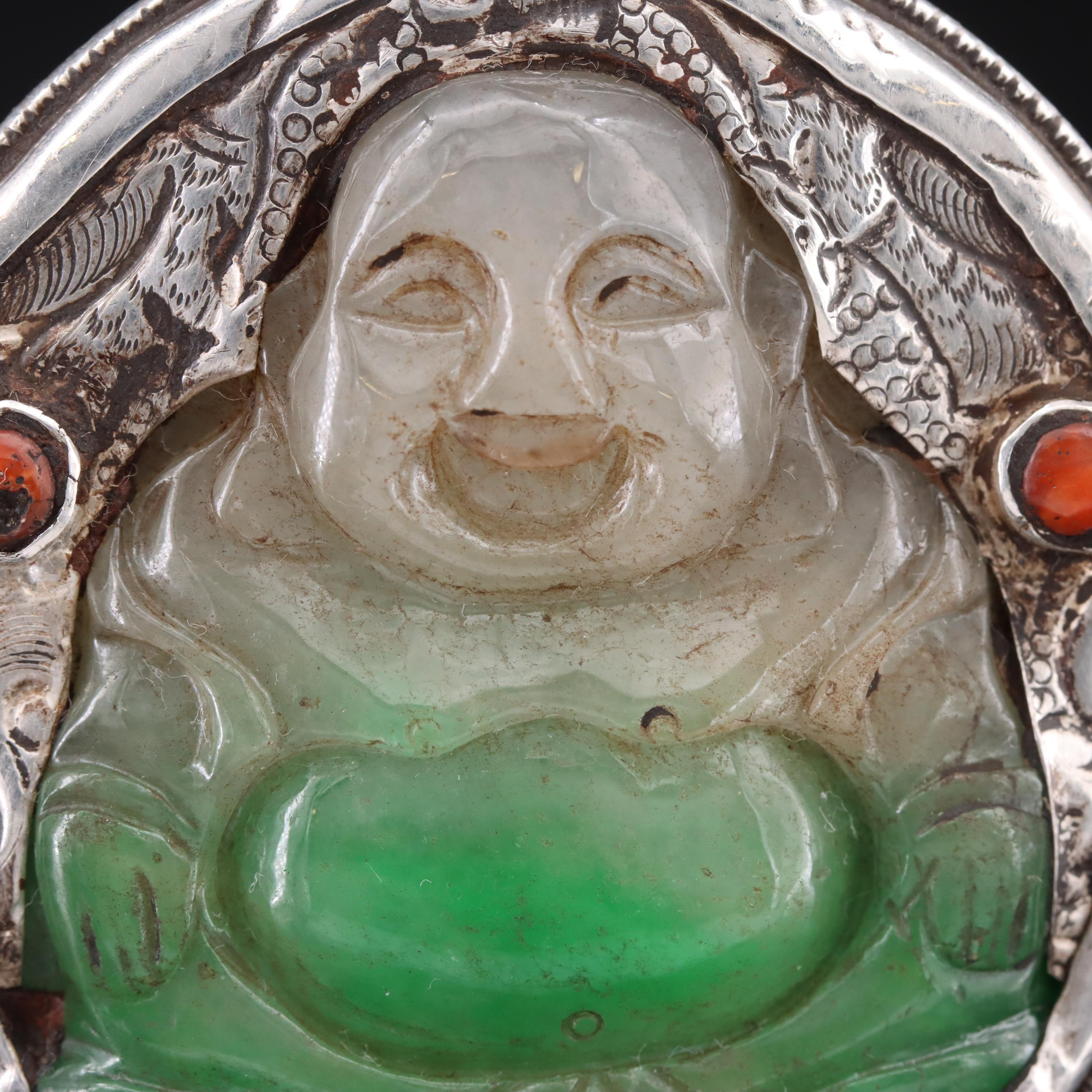 Sterling Jadeite and Coral Budai and Garuda Pendant