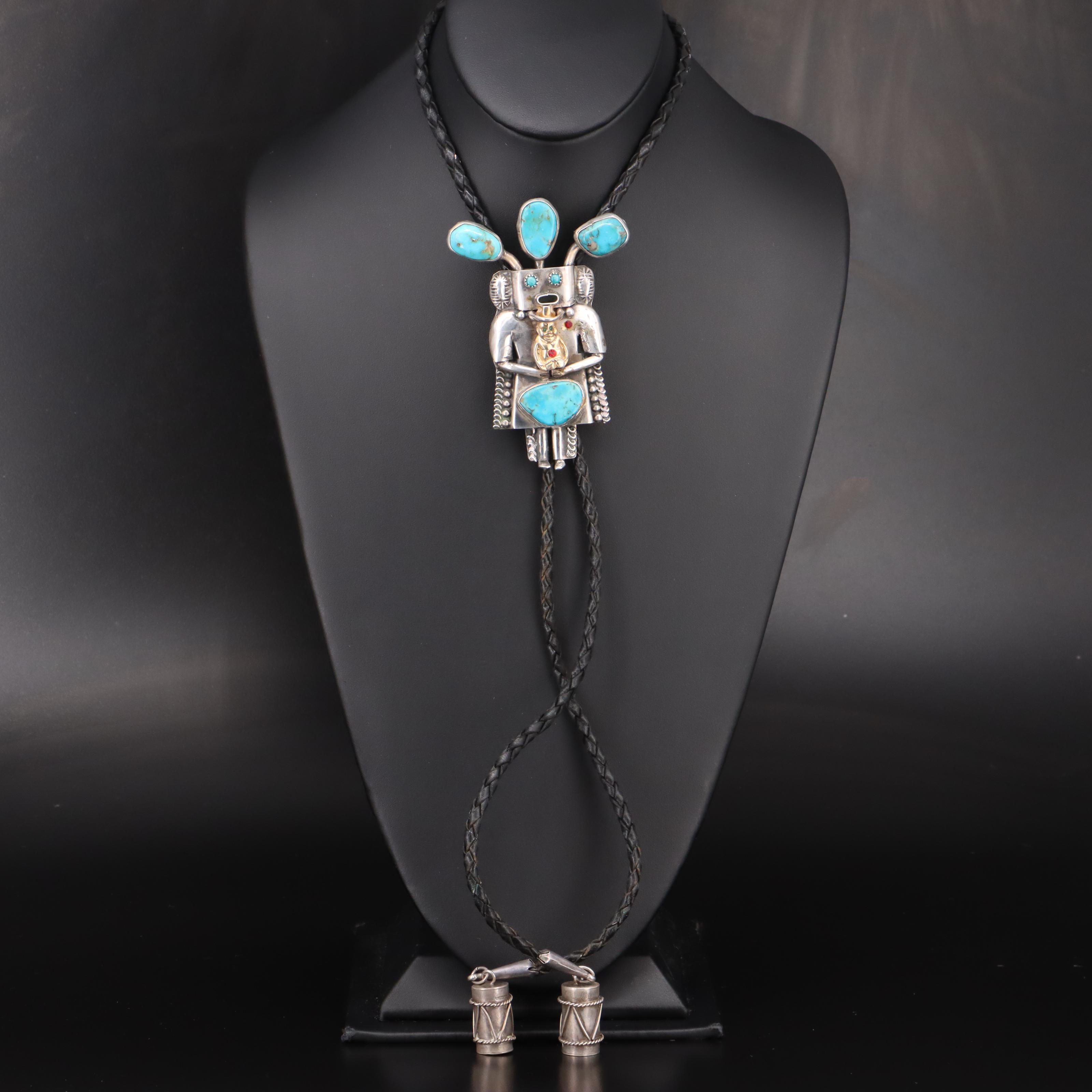 Sterling Turquoise Kachina Bolo Tie with Glass Accents