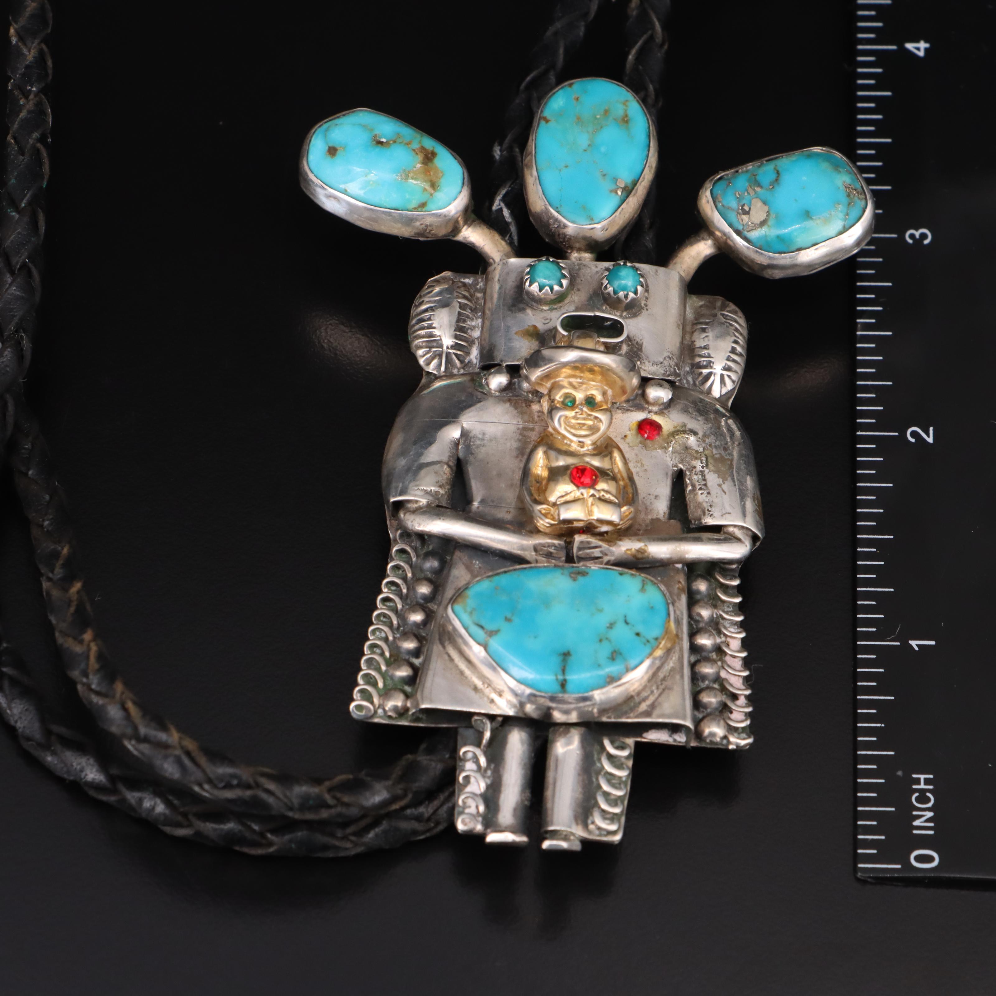 Sterling Turquoise Kachina Bolo Tie with Glass Accents
