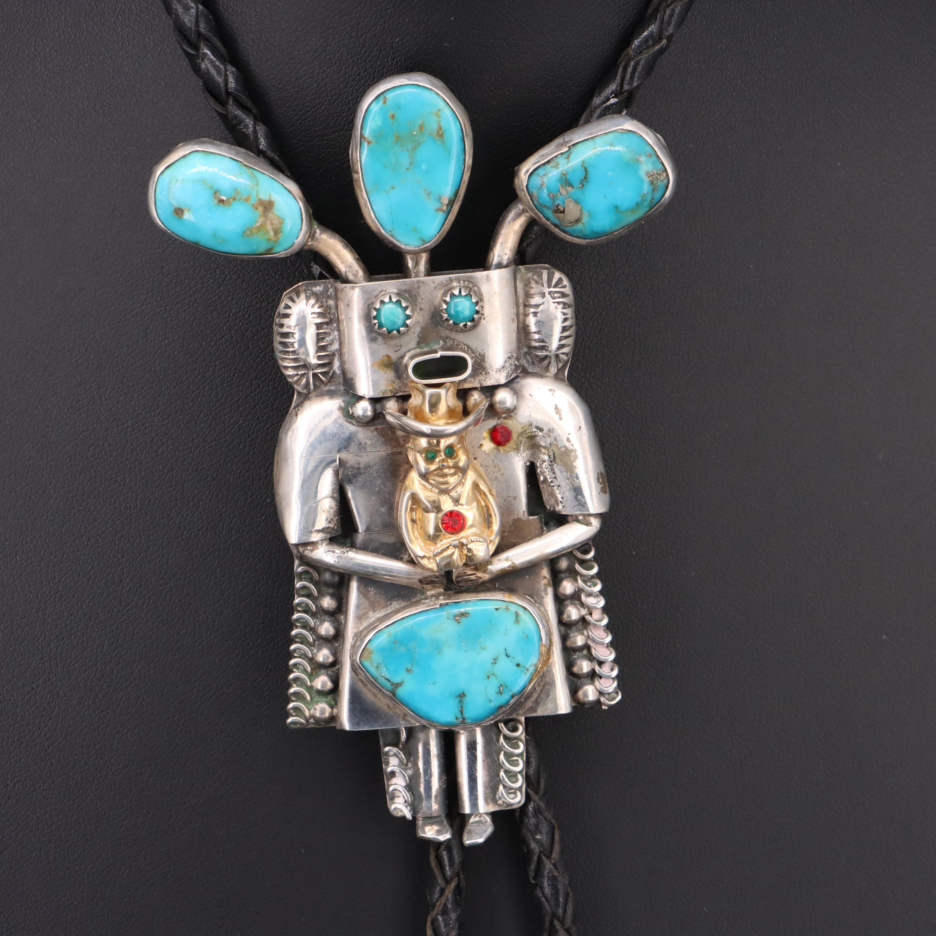 Sterling Turquoise Kachina Bolo Tie with Glass Accents