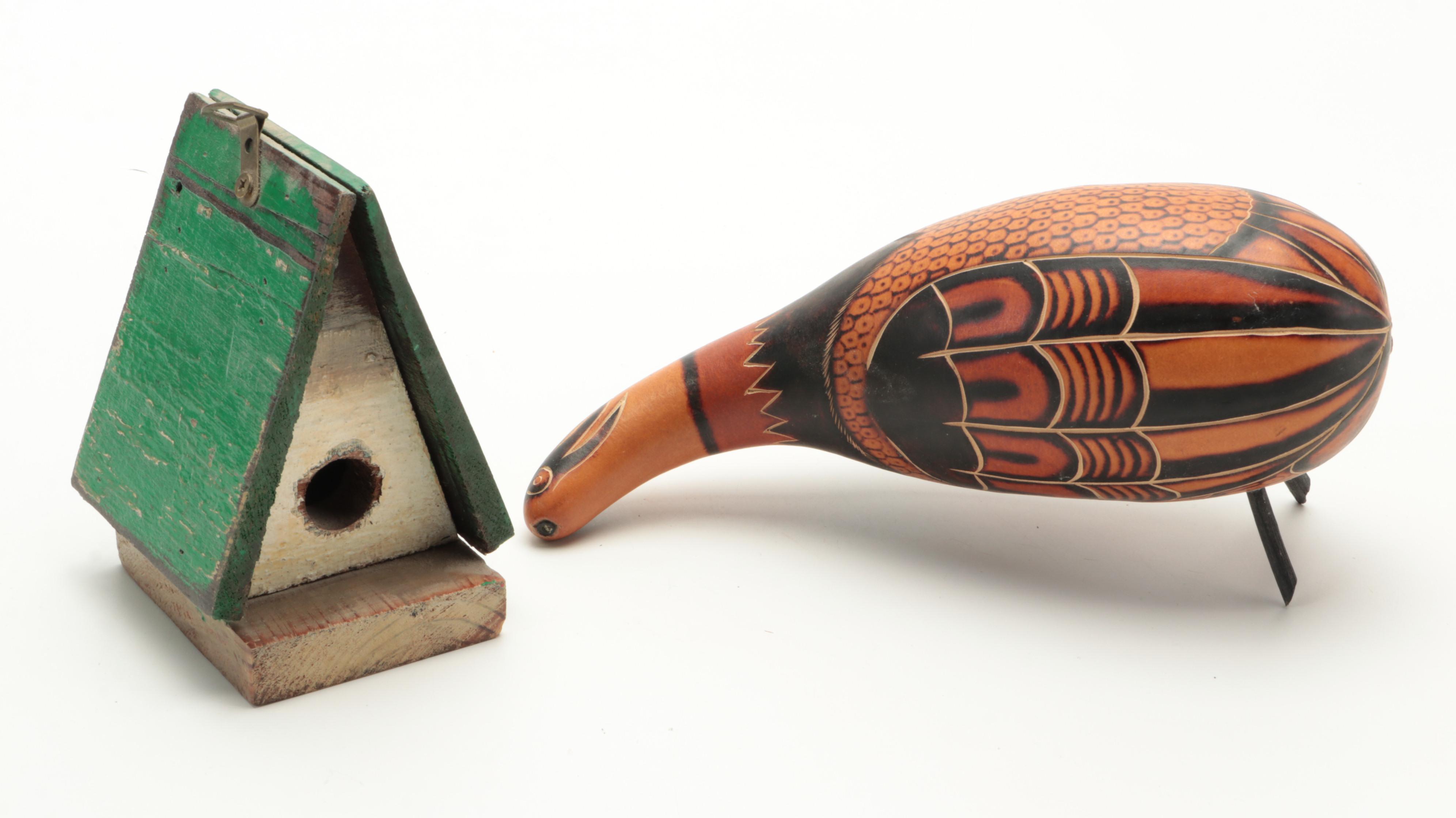 Folk Art Decorative Bird Feeders, Gourd and Windchime