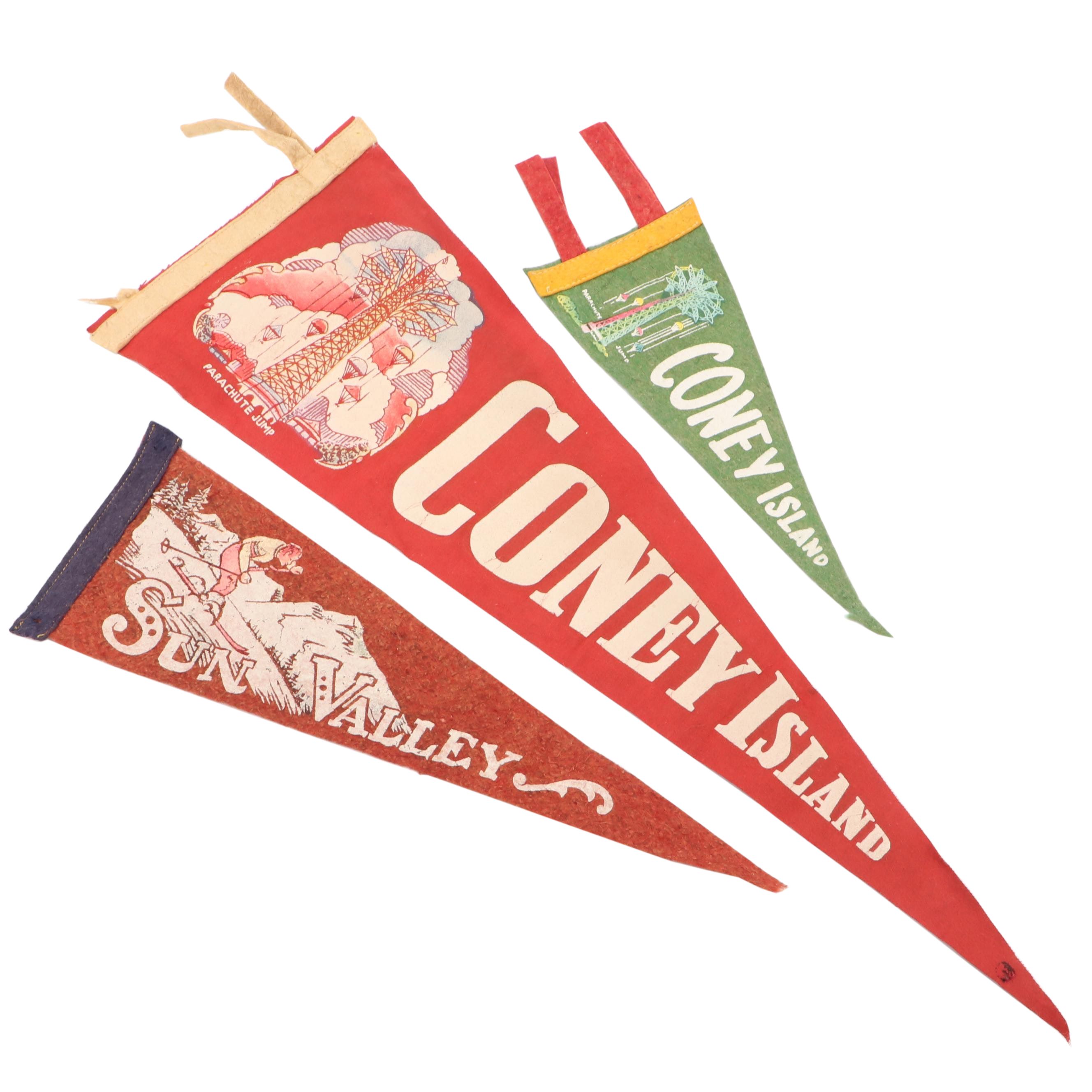 Coney Island and Sun Valley Ski Resort Souvenir Pennants, Mid to Late 20th C.