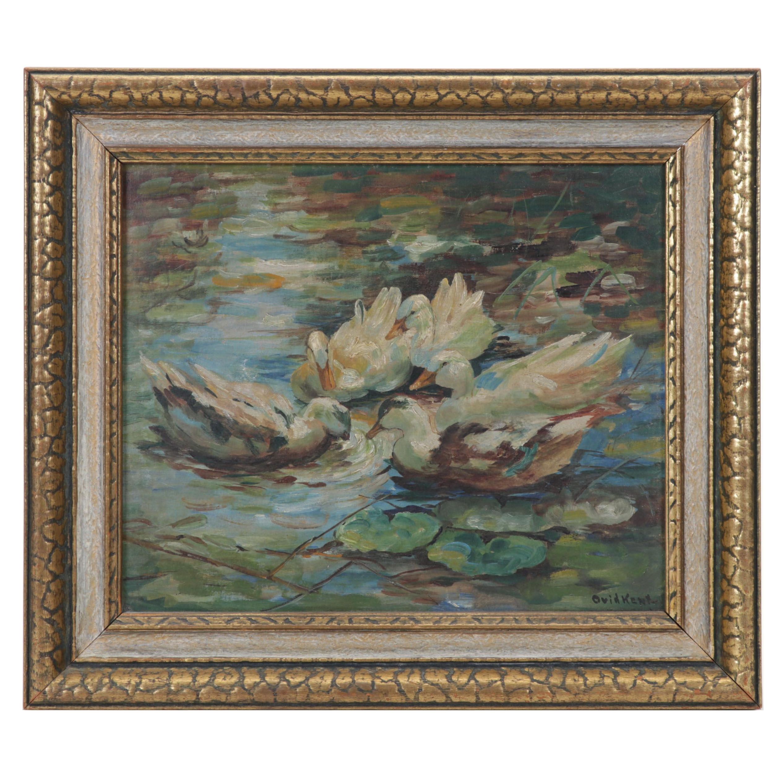 Ovid Kent Oil Painting of Ducks in Pond, Circa 1900