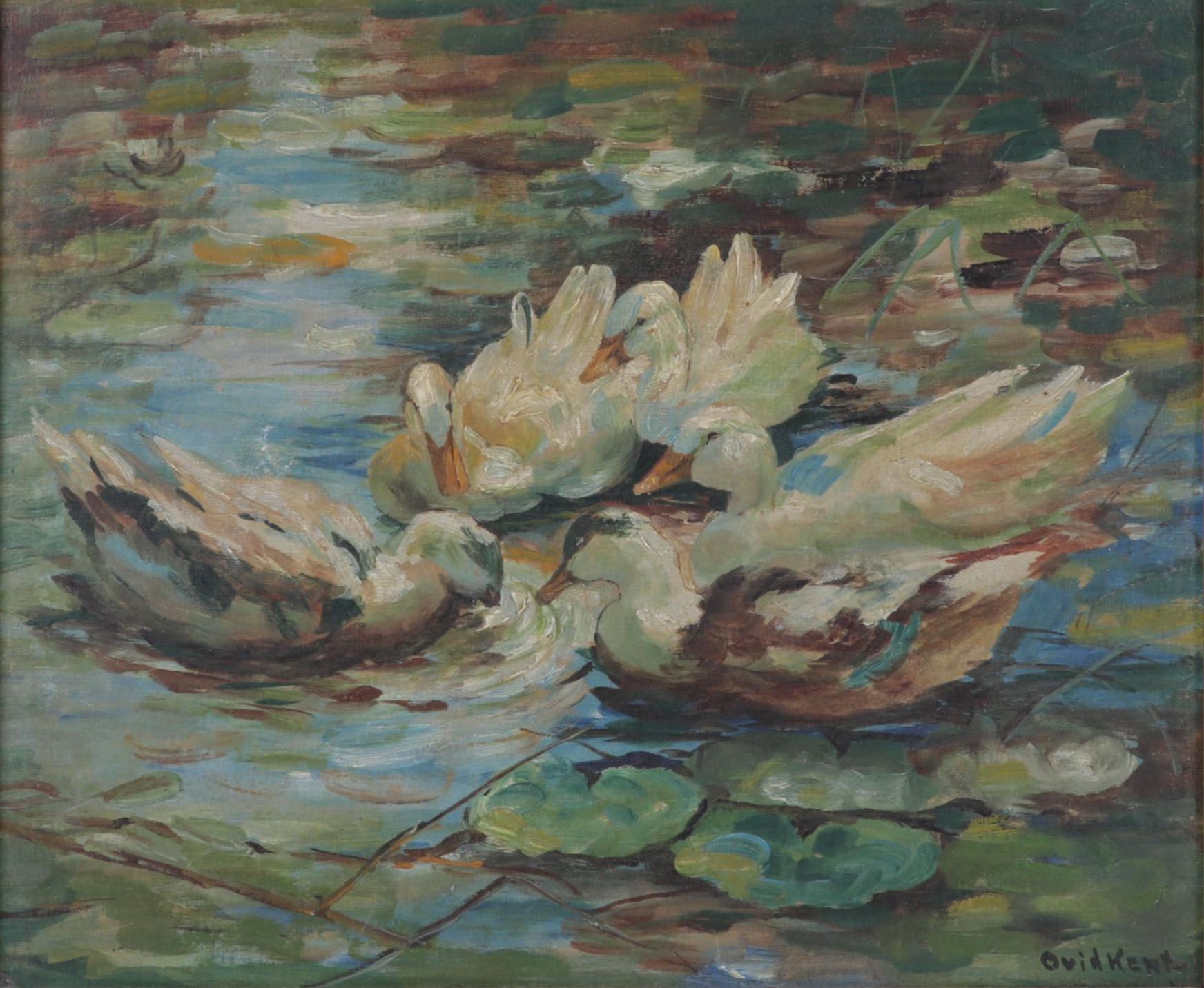 Ovid Kent Oil Painting of Ducks in Pond, Circa 1900