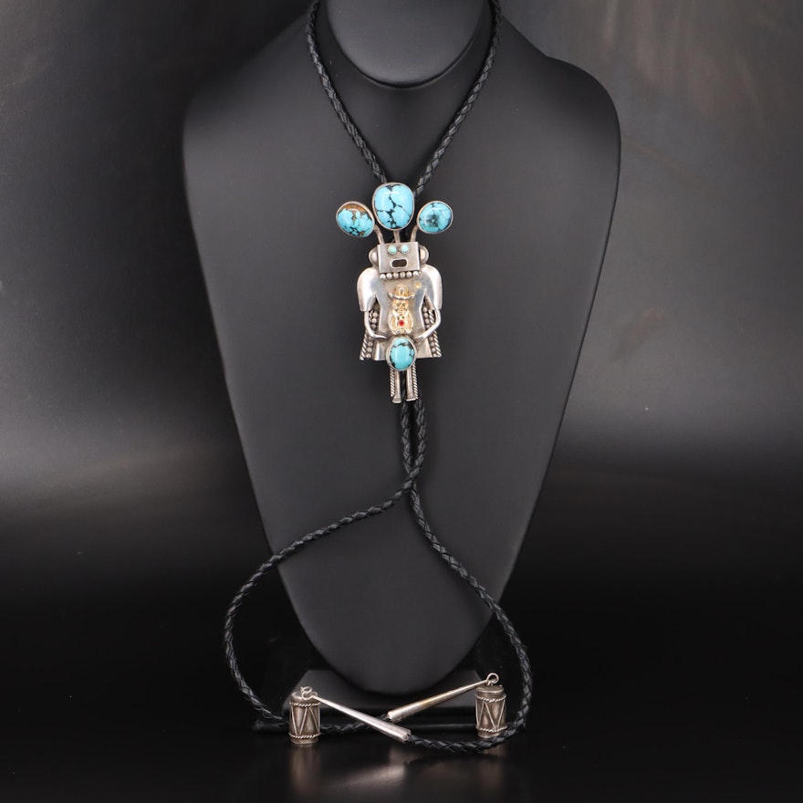 Sterling Turquoise Kachina Bolo Tie with Glass Accents