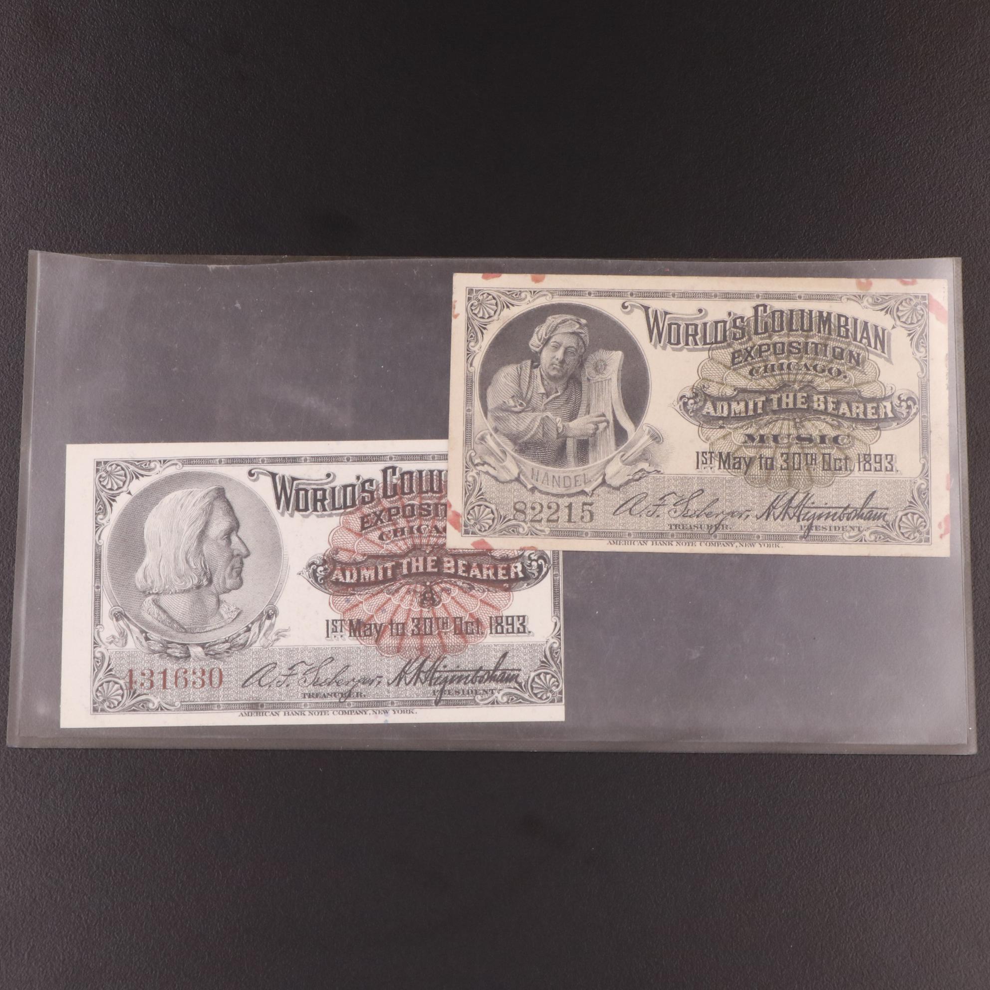 Seven Columbian Exposition Admission Tickets, 1893