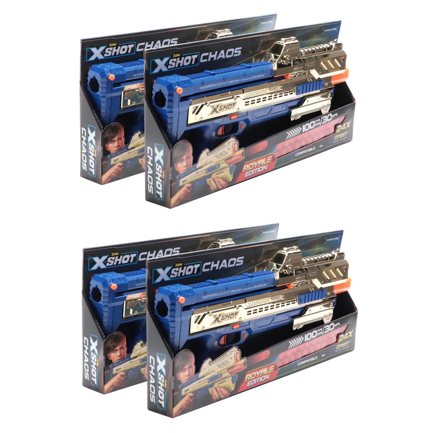 Four ZURU X-Shot Chaos Golden Orbit Blasters