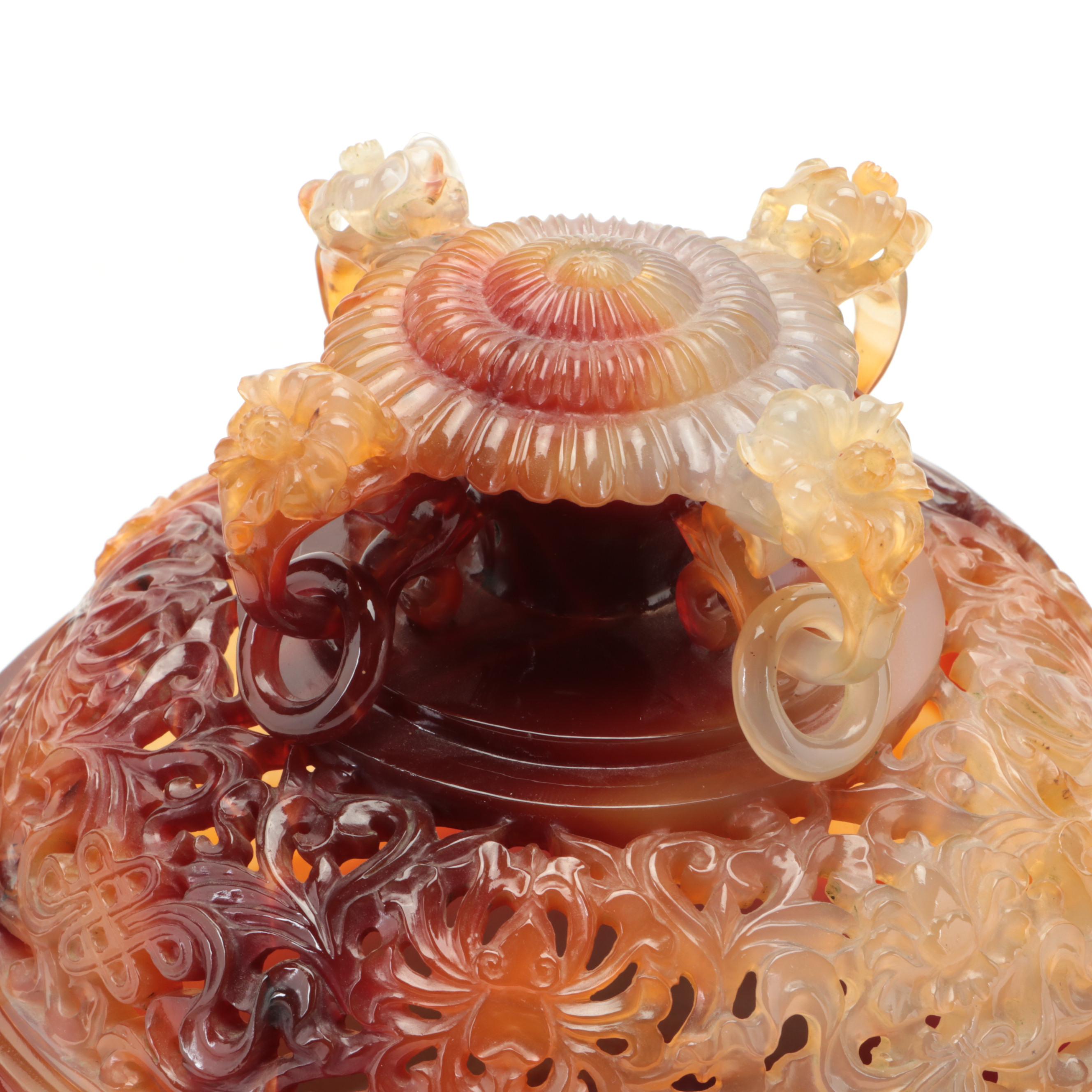 Chinese Carved Agate Carved Censer on Hardwood Stand