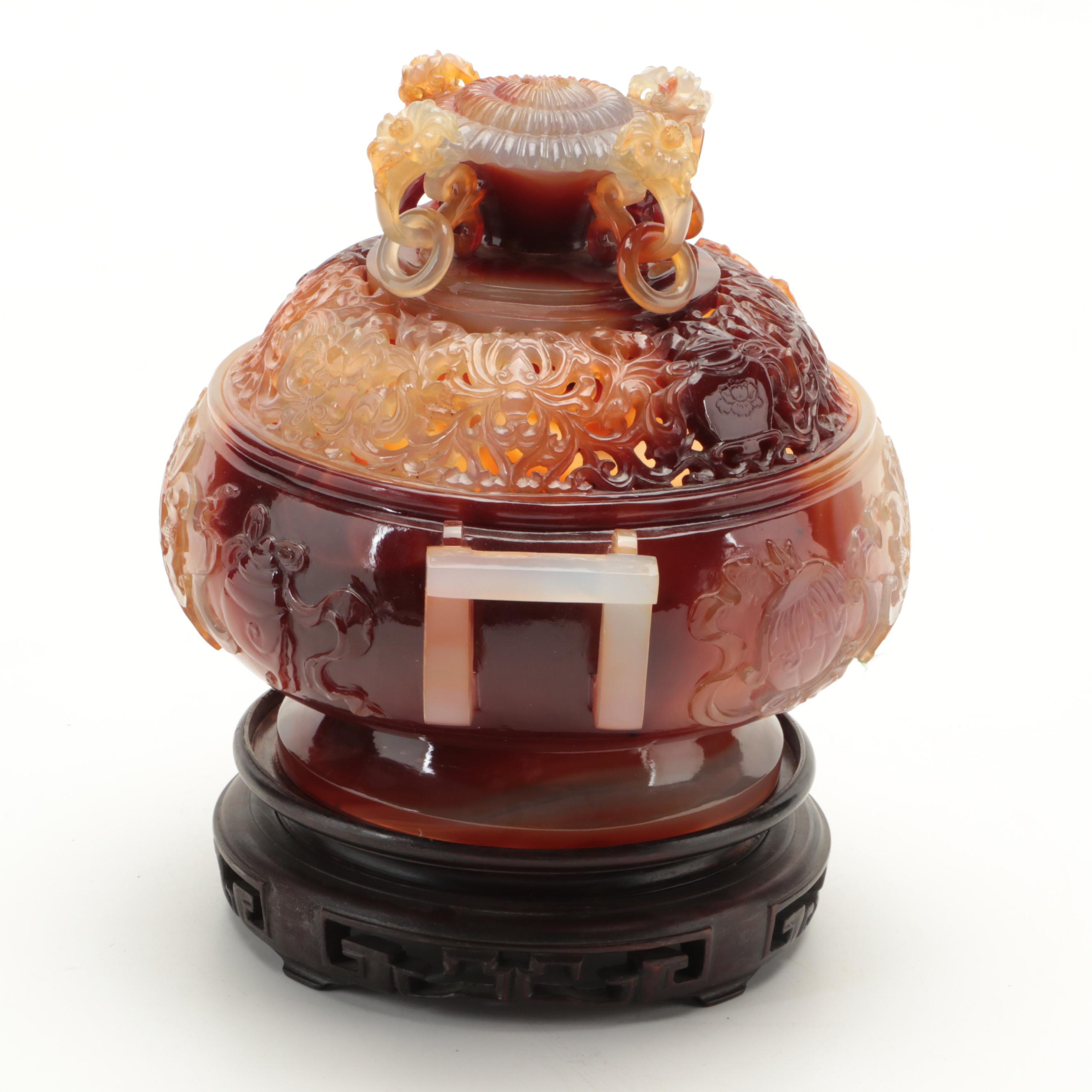 Chinese Carved Agate Carved Censer on Hardwood Stand
