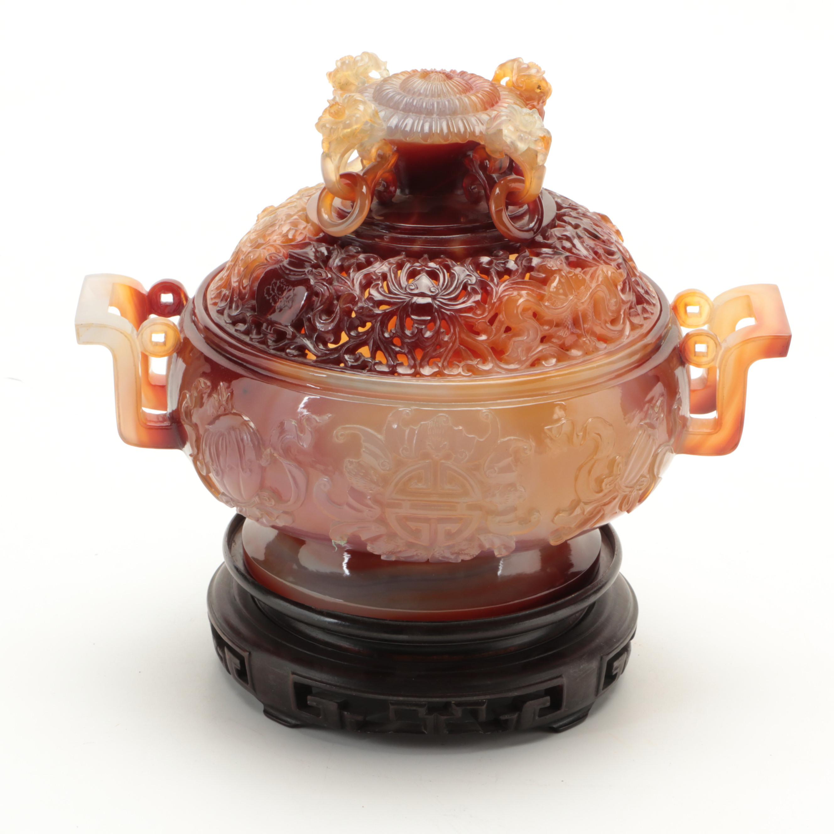 Chinese Carved Agate Carved Censer on Hardwood Stand