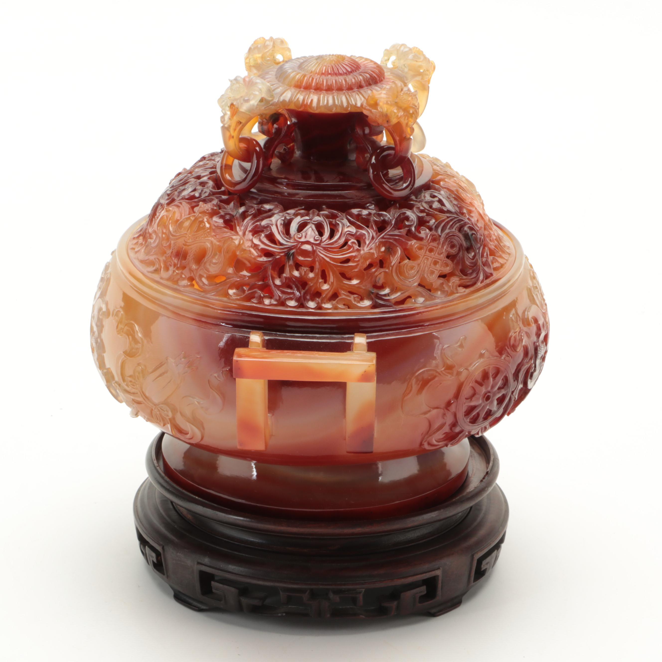 Chinese Carved Agate Carved Censer on Hardwood Stand