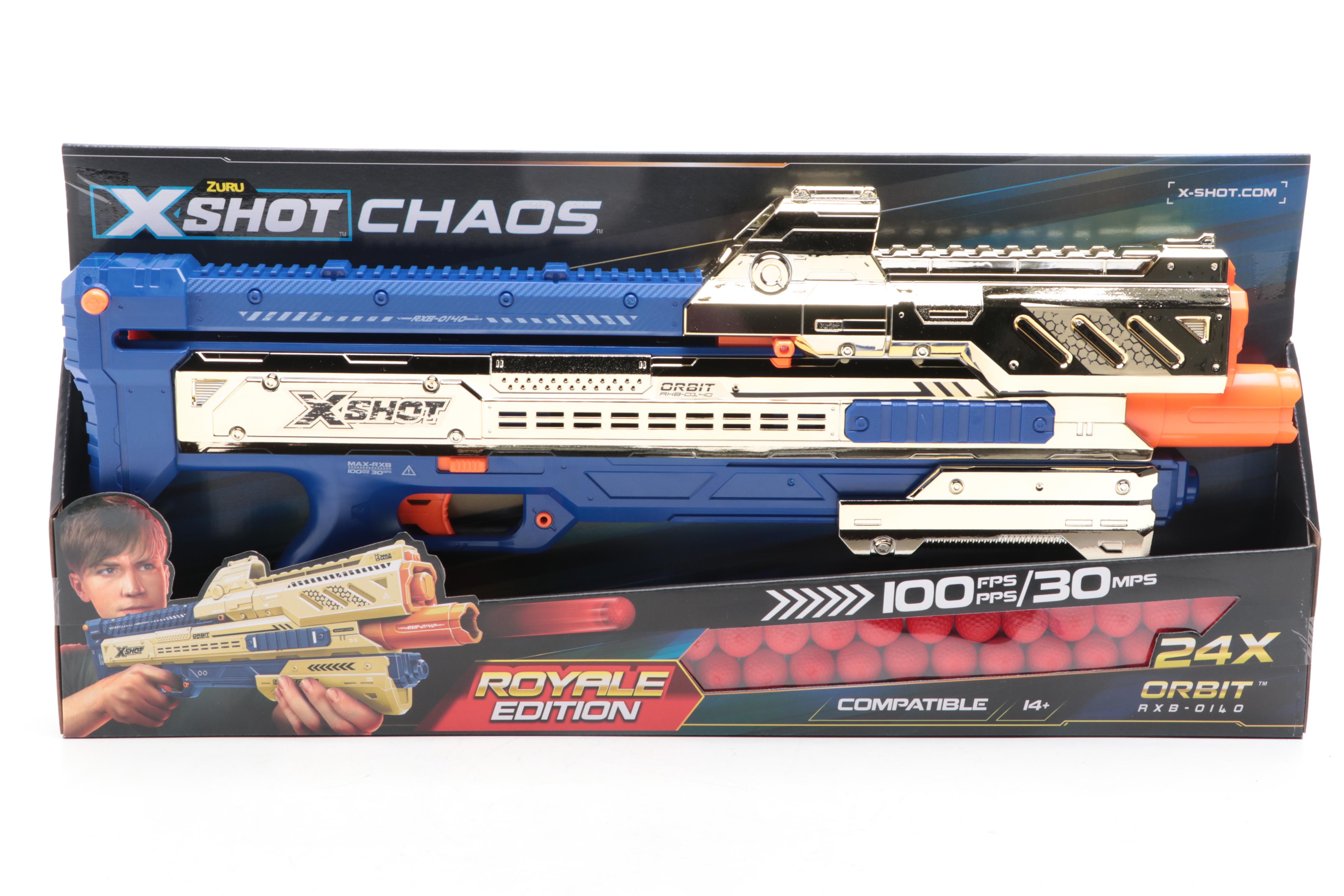 Four ZURU X-Shot Chaos Golden Orbit Blasters