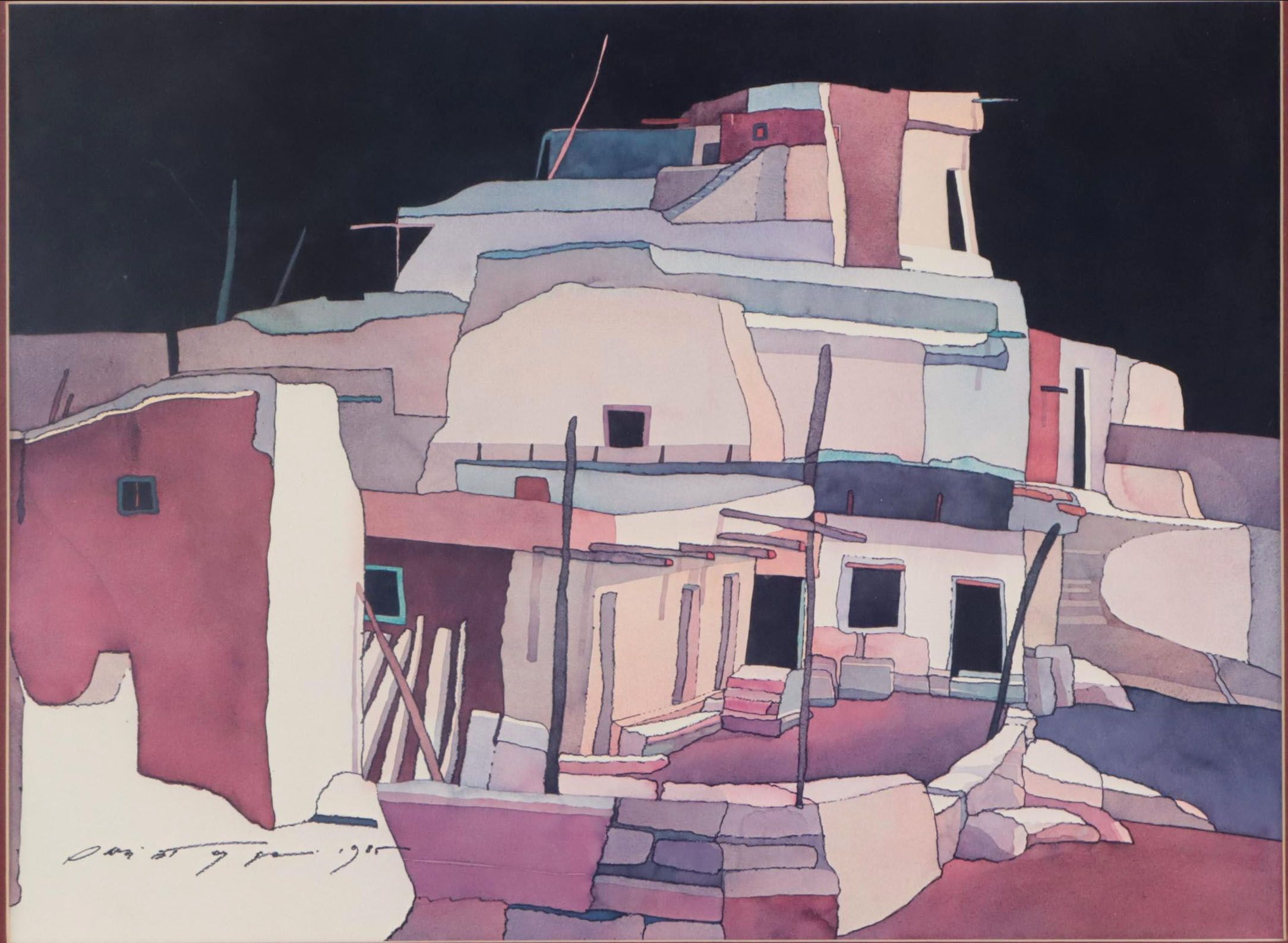 Offset Lithograph After Sari Staggs "Night Village," Late 20th Century