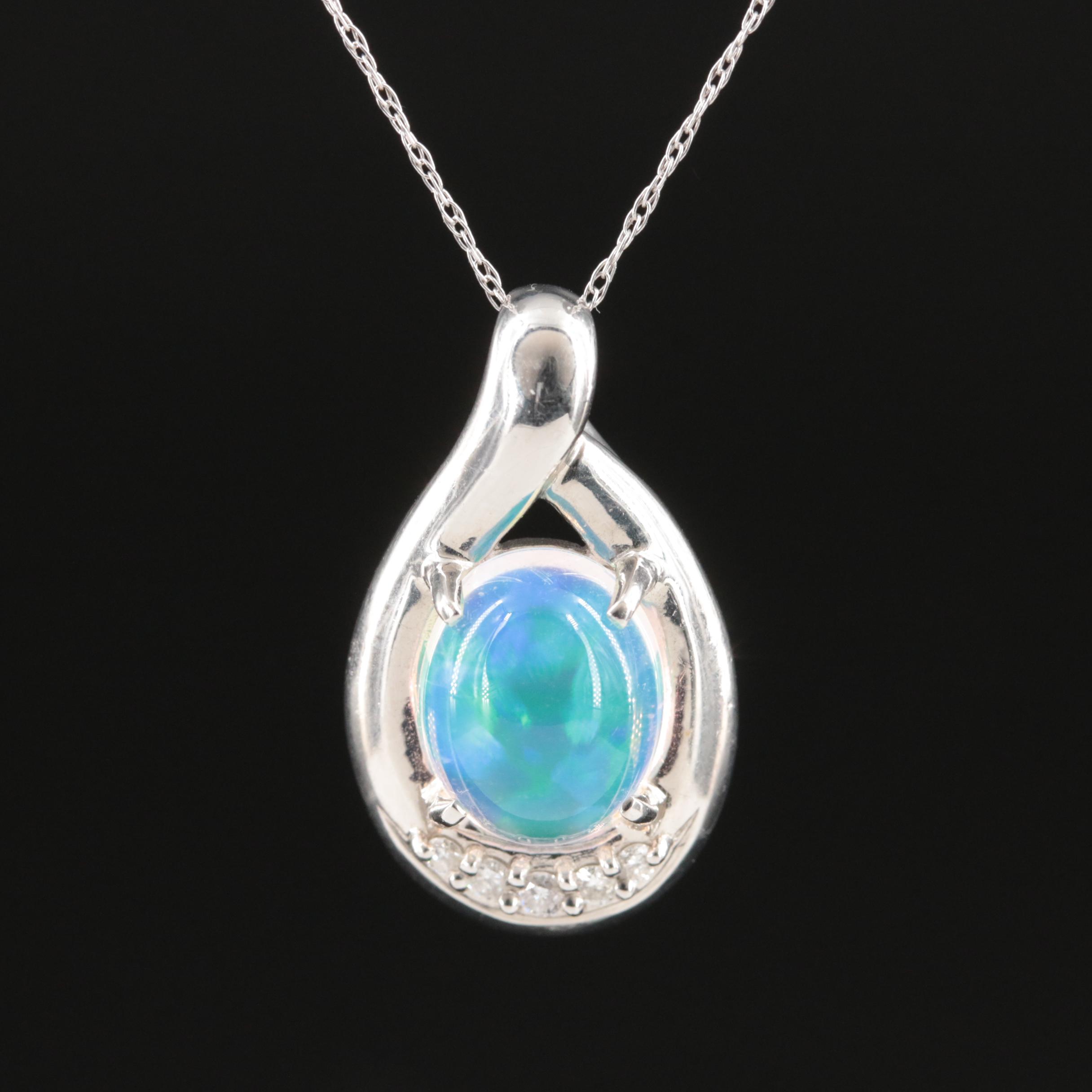 Platinum Opal and Diamond Pendant Necklace
