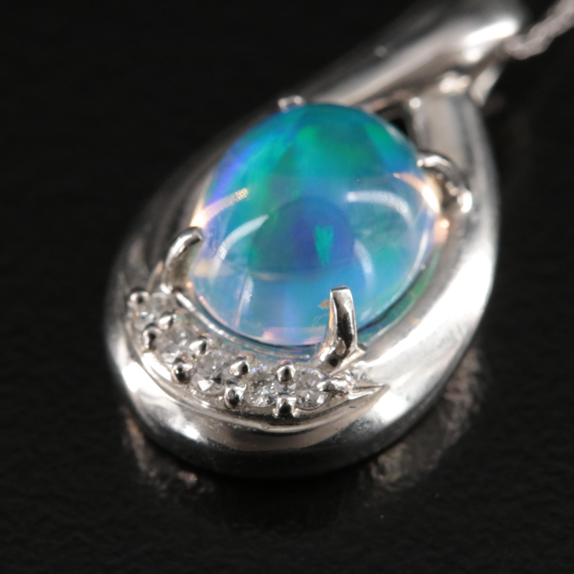 Platinum Opal and Diamond Pendant Necklace