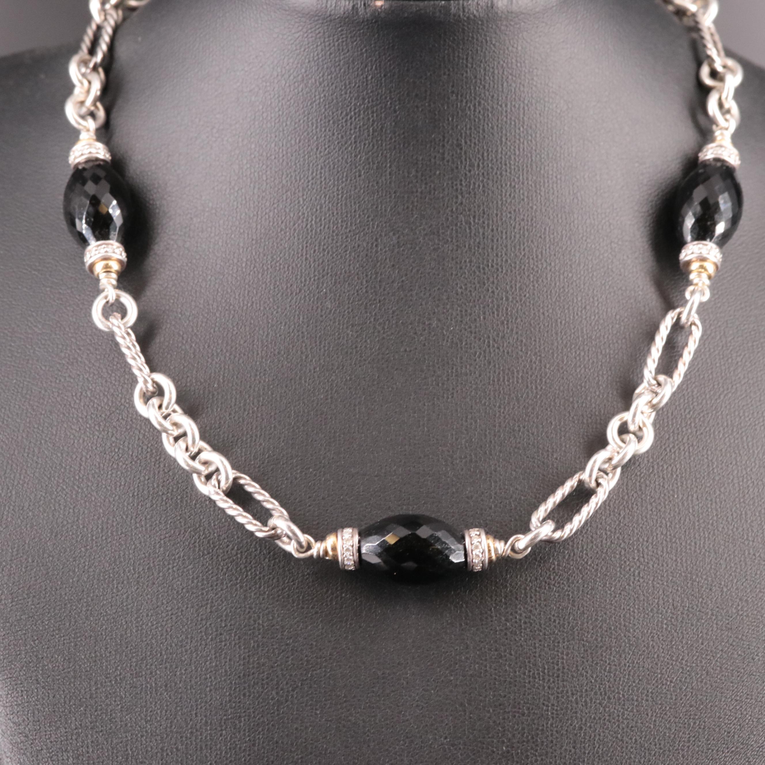 David Yurman "Figaro" Onyx and Diamond Sterling Necklace with 18K Accents
