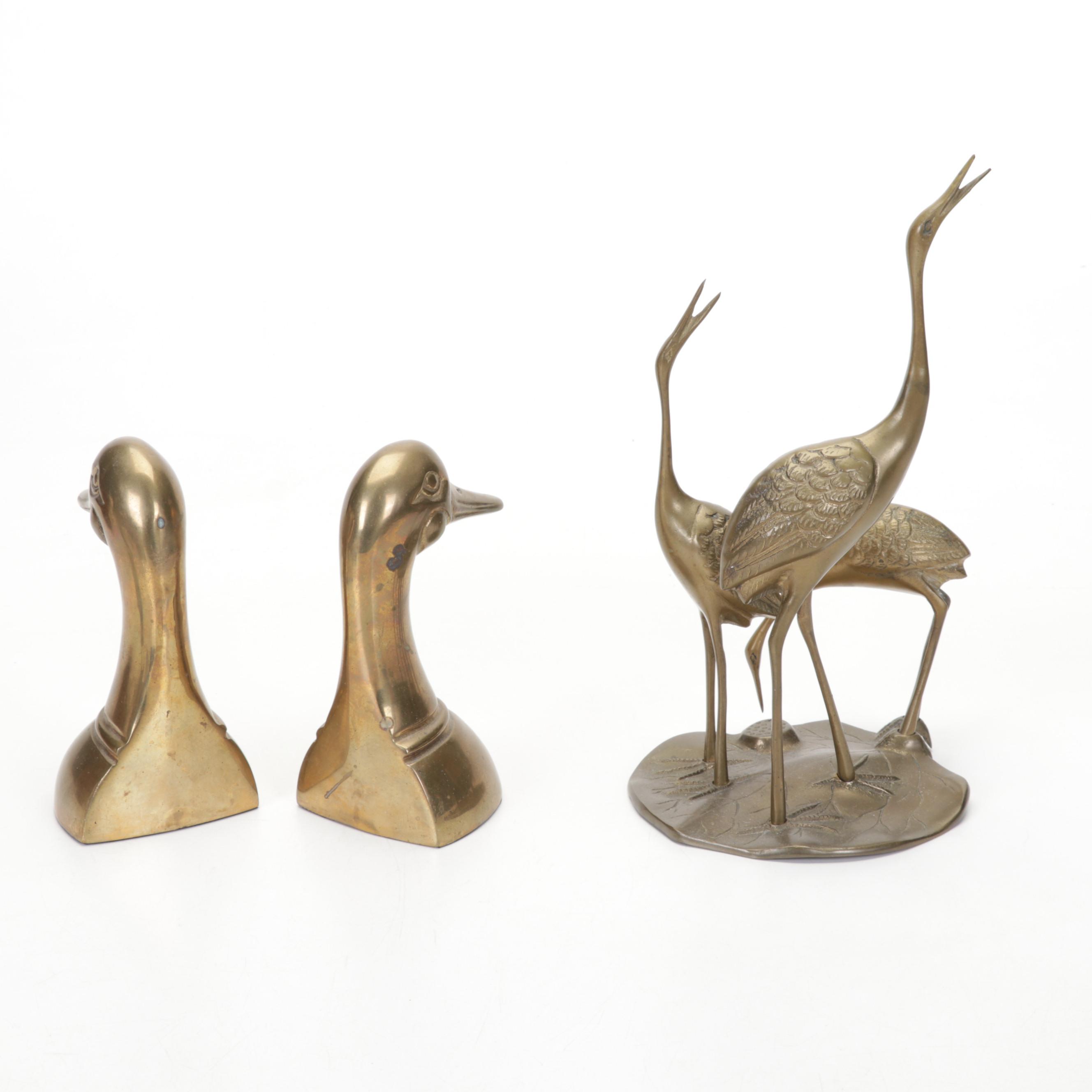 Etched Metal Vase, Brass Crane Sculpture, Duck Bookends, Salad Set and More