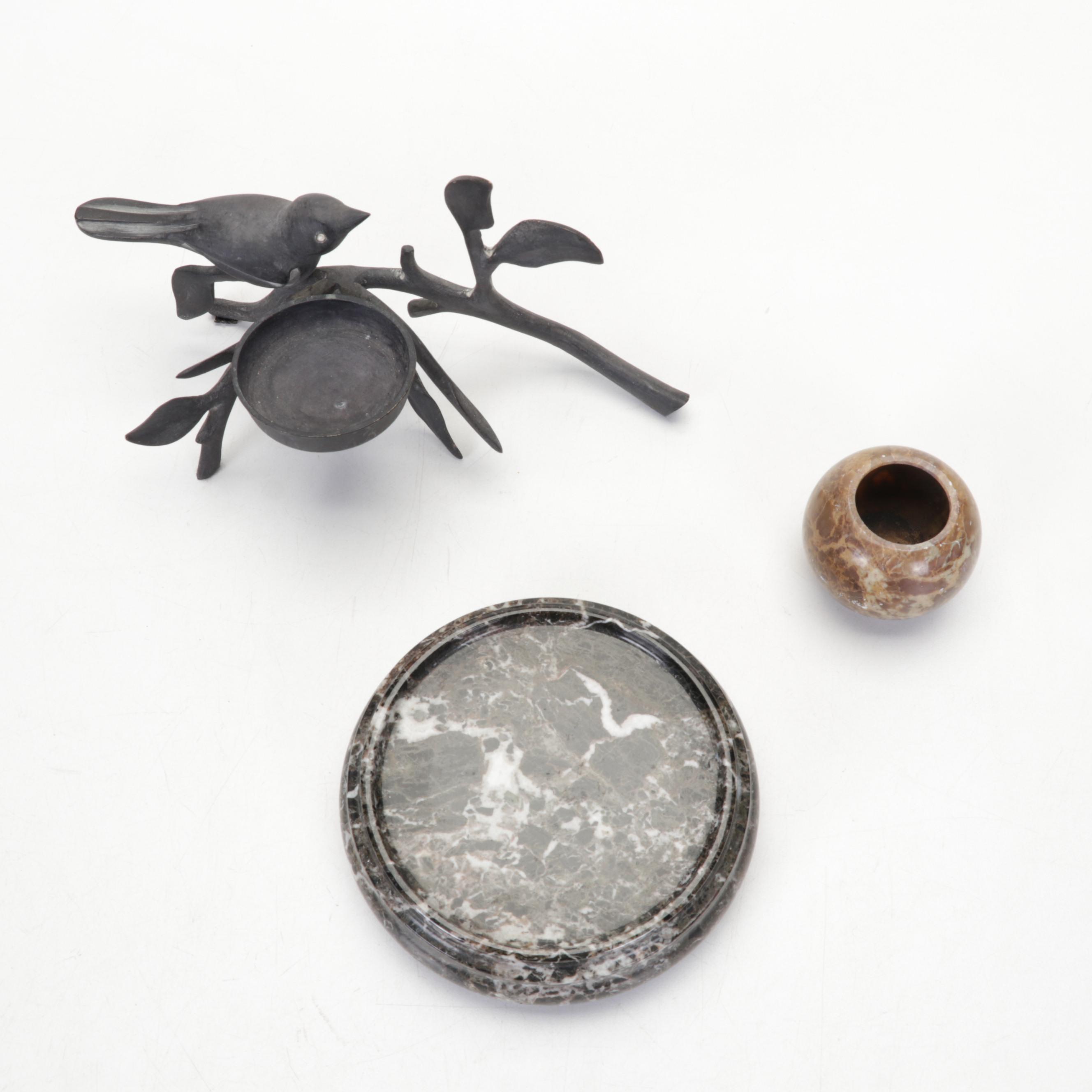 Etched Metal Vase, Brass Crane Sculpture, Duck Bookends, Salad Set and More