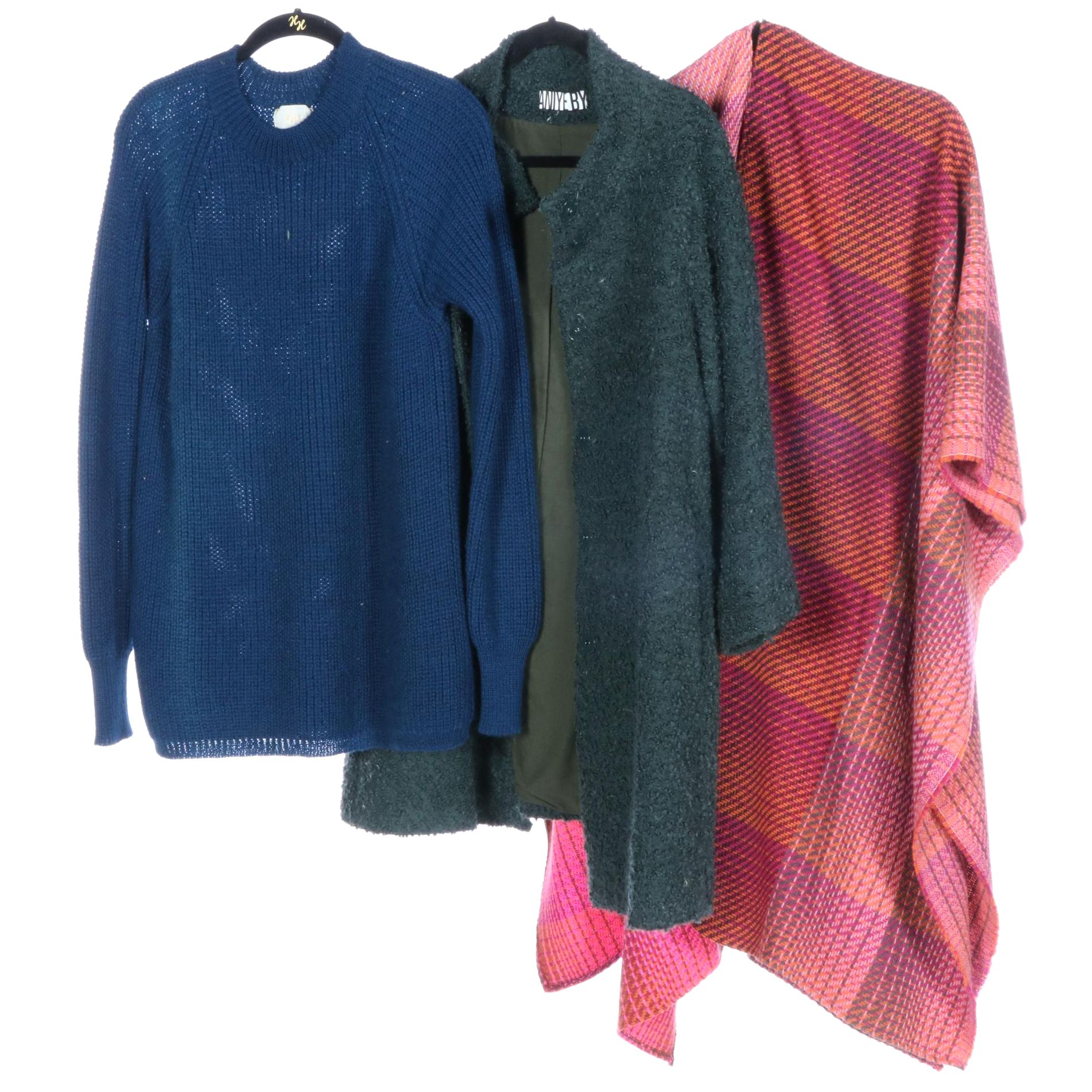 Aniye By Bouclé Coat, Knit Shaker Stitch Sweater, Plaid Poncho Wrap