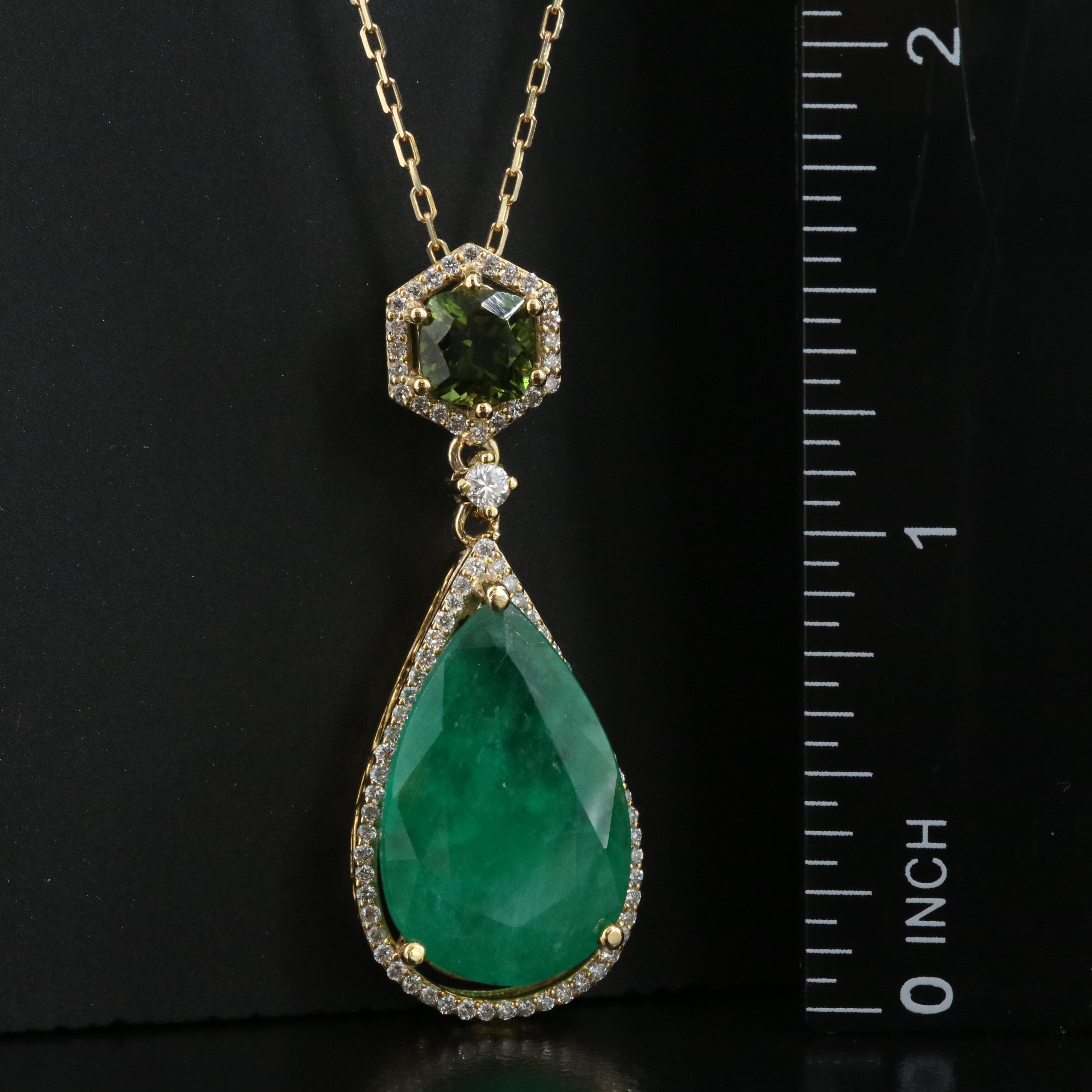 Italian 14K 7.51 CT Emerald, Tourmaline and Diamond Pendant Necklace