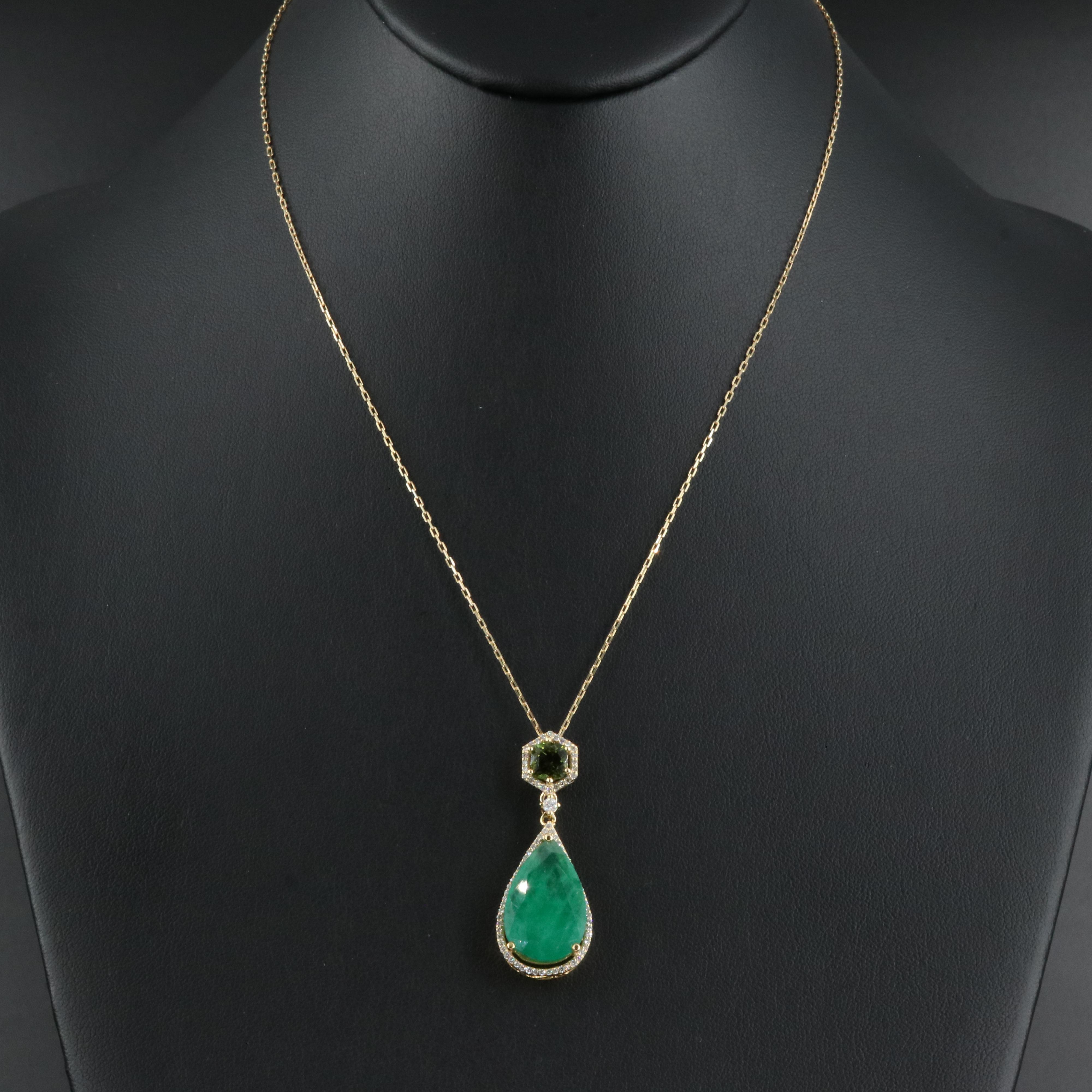 Italian 14K 7.51 CT Emerald, Tourmaline and Diamond Pendant Necklace