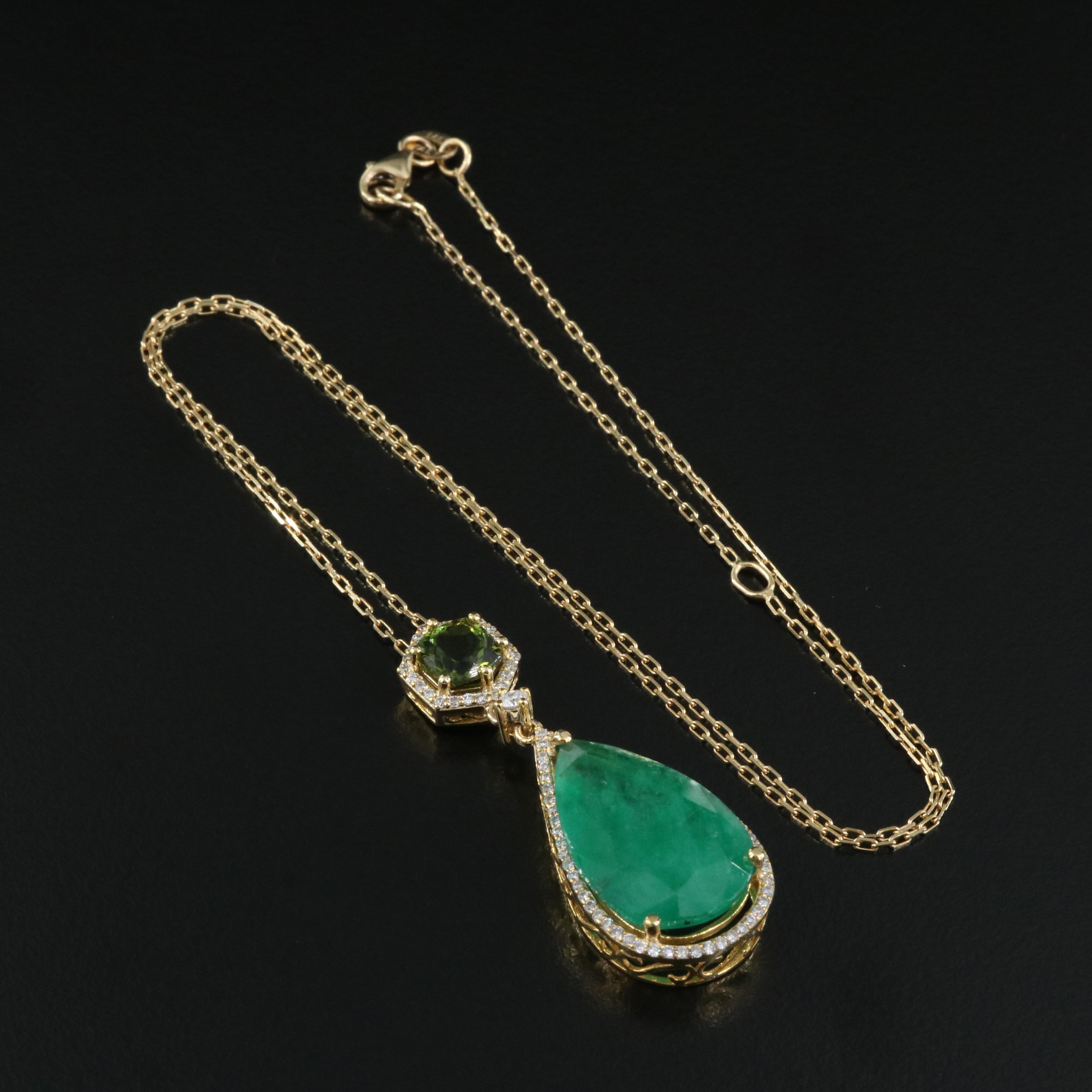 Italian 14K 7.51 CT Emerald, Tourmaline and Diamond Pendant Necklace