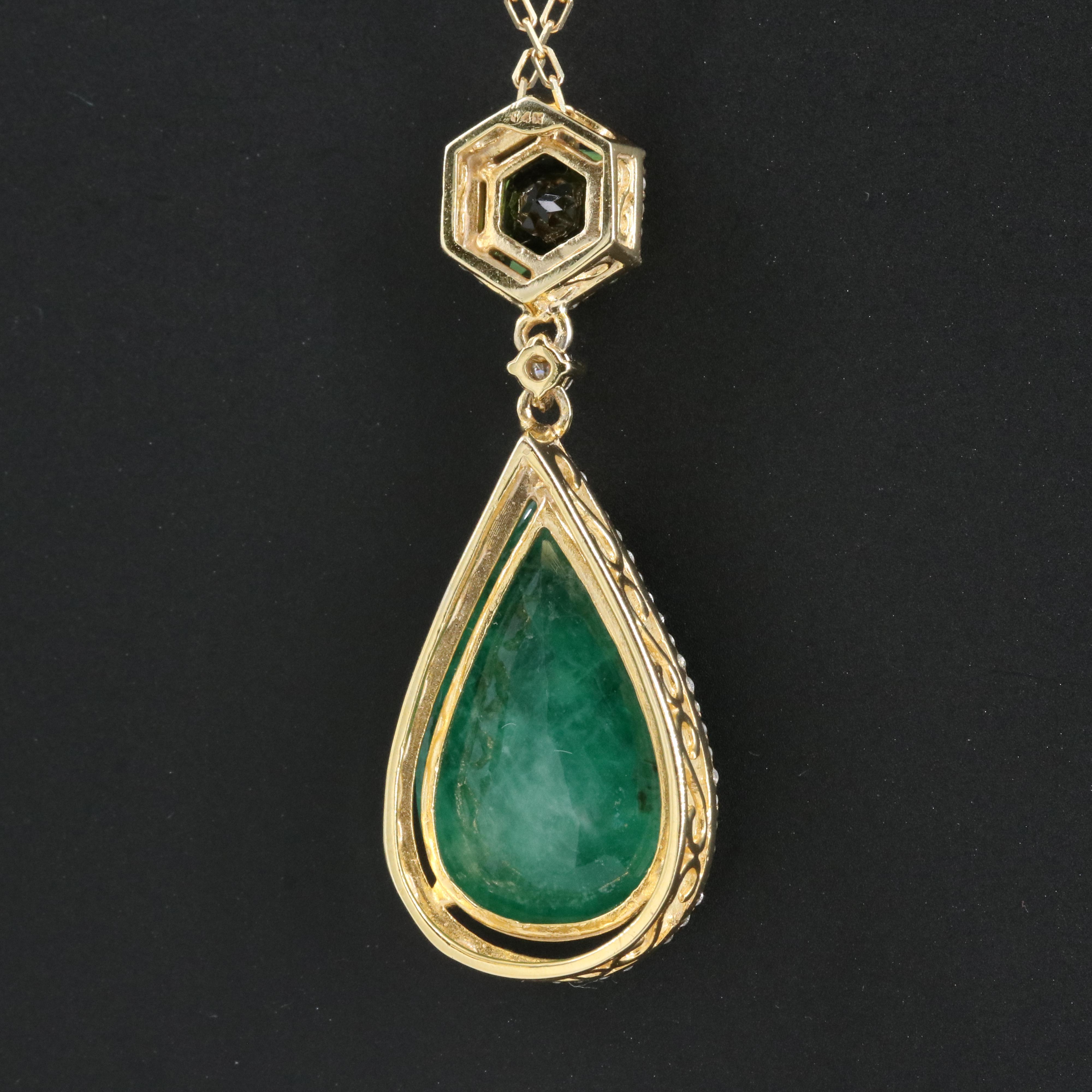 Italian 14K 7.51 CT Emerald, Tourmaline and Diamond Pendant Necklace