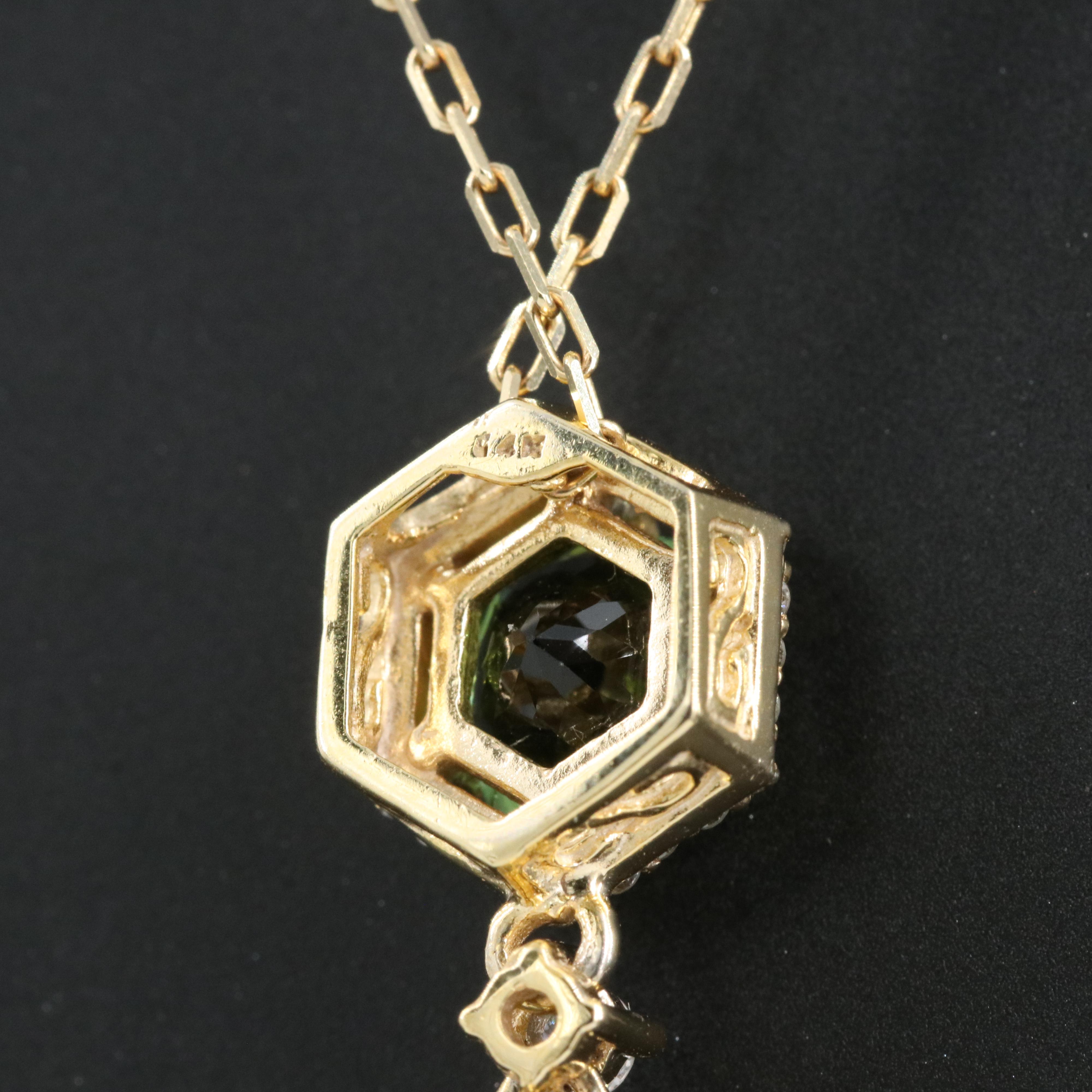 Italian 14K 7.51 CT Emerald, Tourmaline and Diamond Pendant Necklace