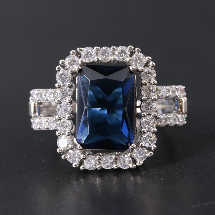 Sterling Silver Sapphire and Cubic Zirconia Ring