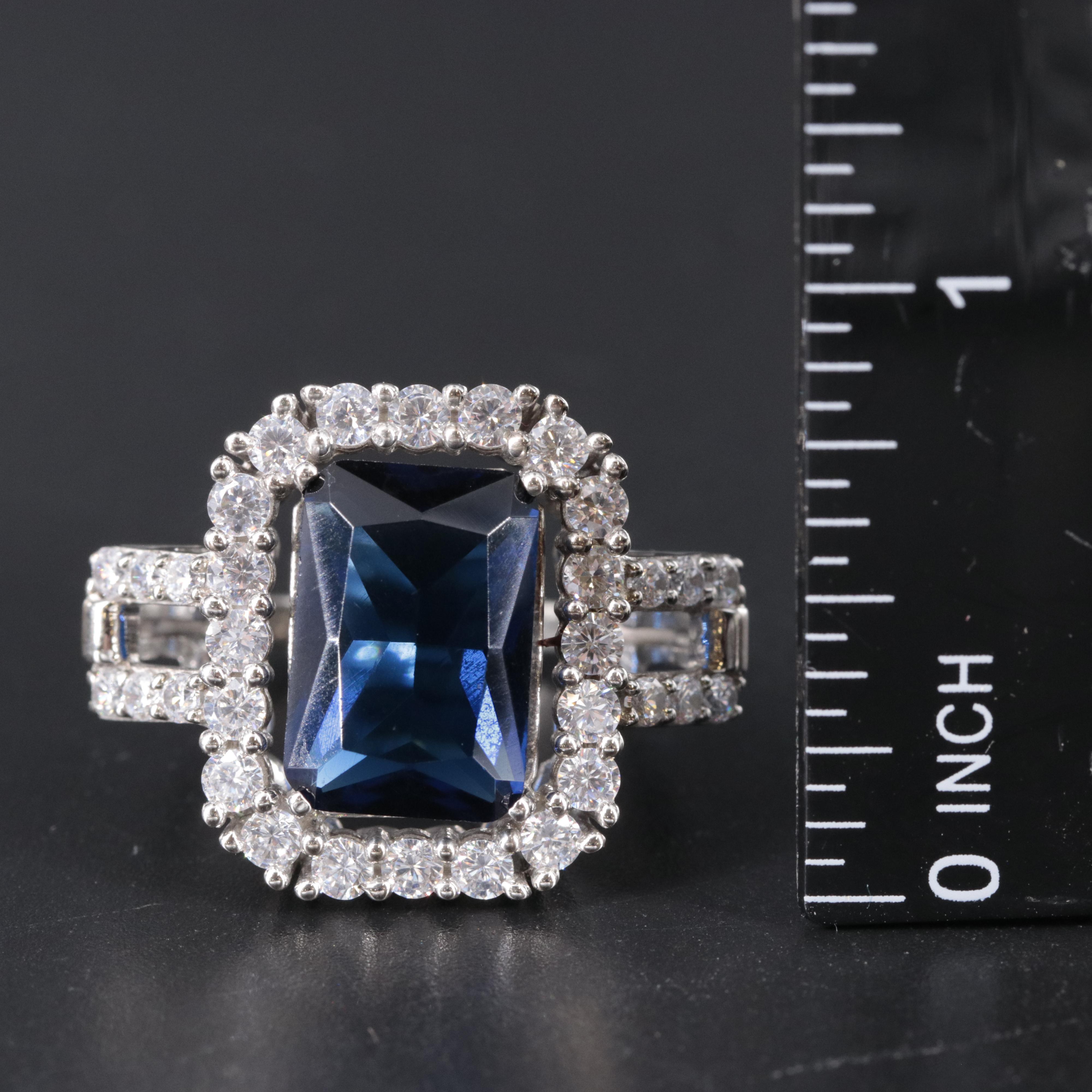 Sterling Silver Sapphire and Cubic Zirconia Ring