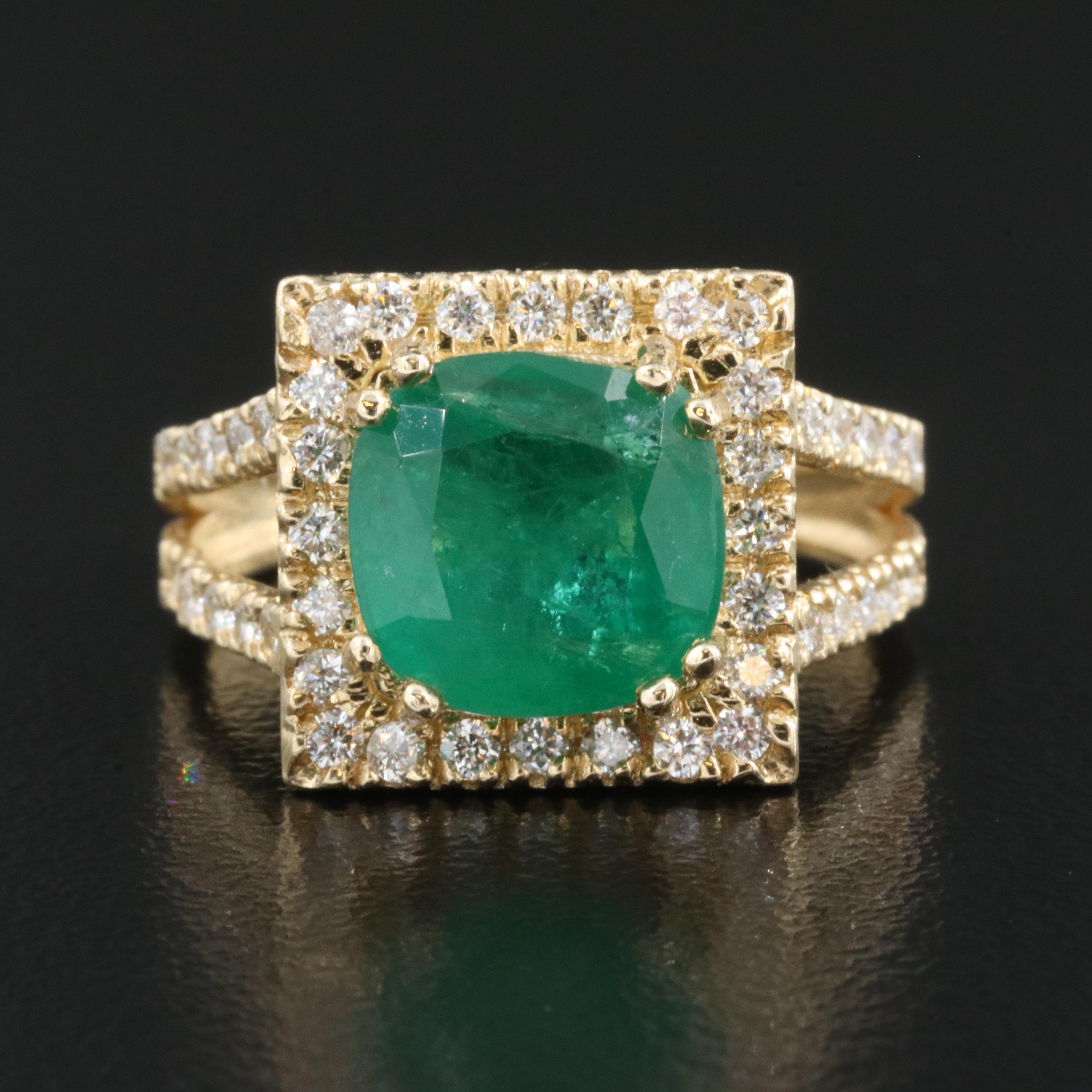 14K 3.33 CT Emerald and Diamond Halo Ring