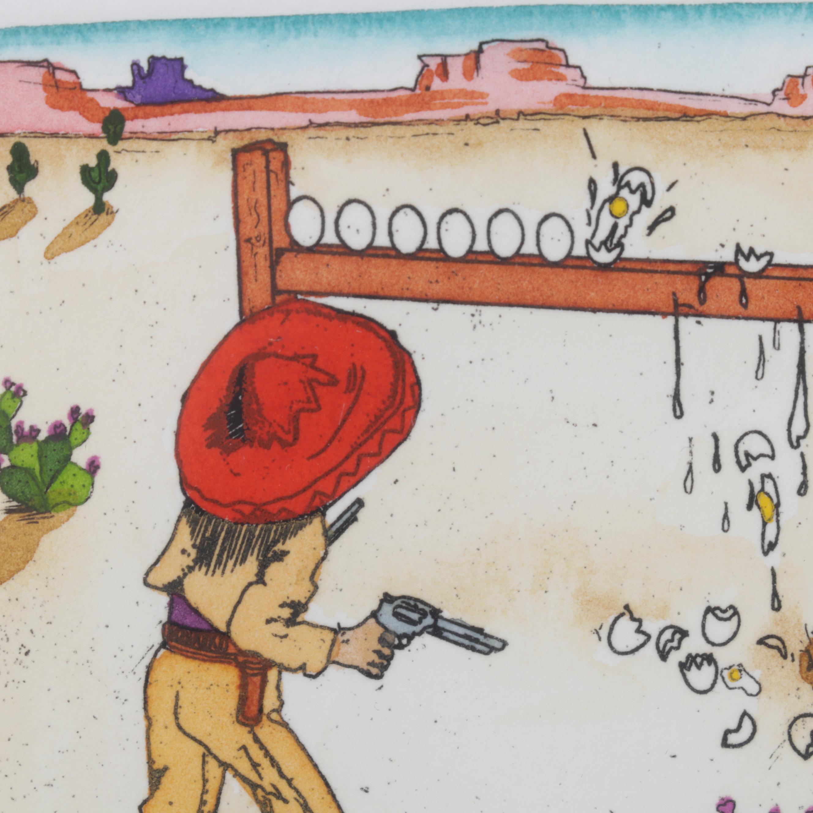 Darlene Hardie Folk Art Hand-Colored Etchings, Late 20th Century