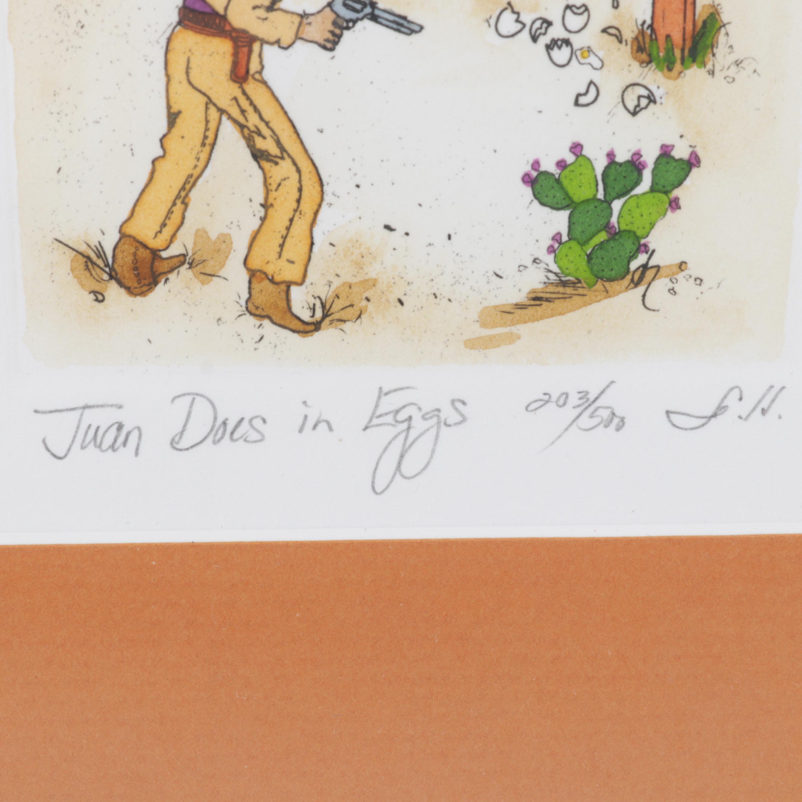 Darlene Hardie Folk Art Hand-Colored Etchings, Late 20th Century