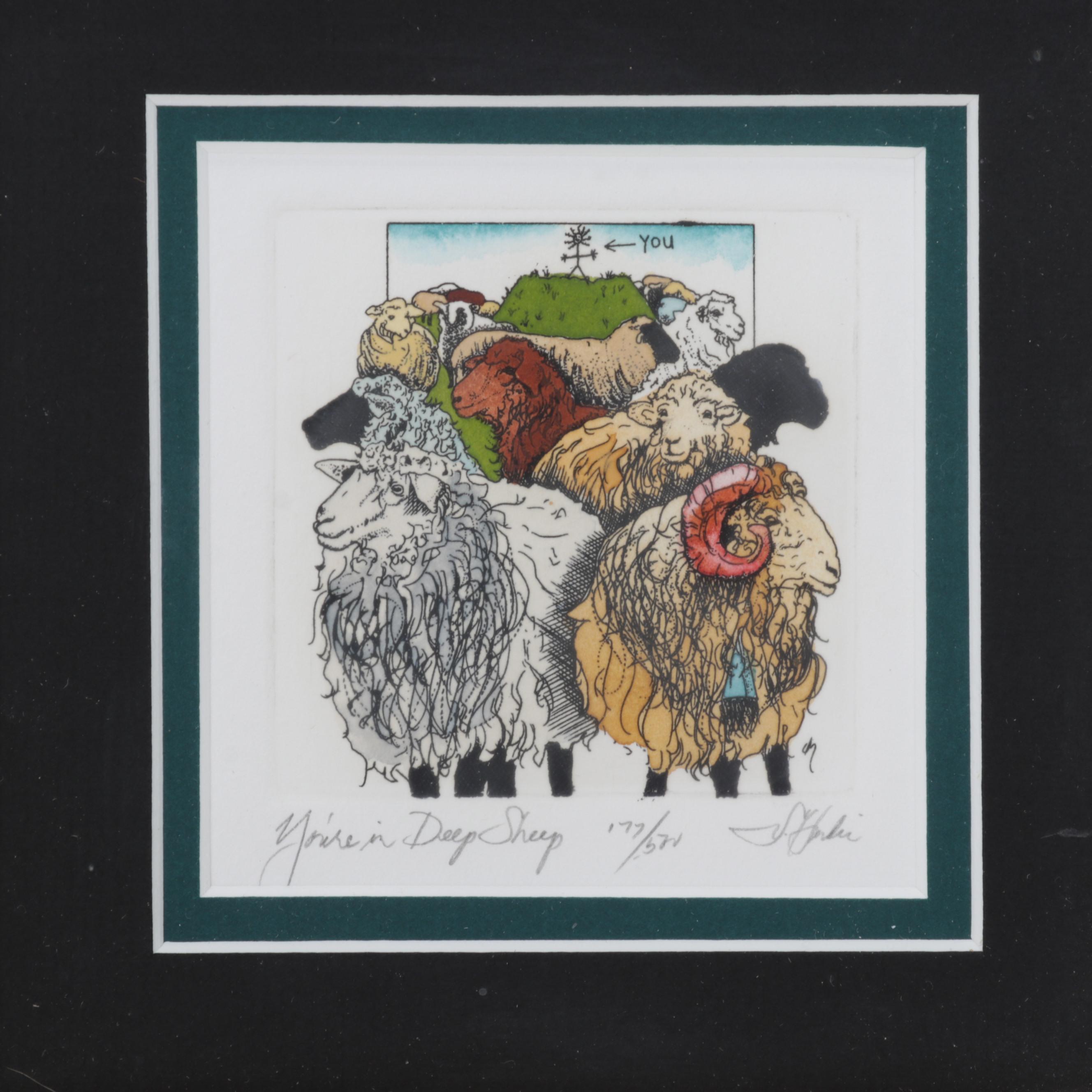 Darlene Hardie Folk Art Hand-Colored Etchings, Late 20th Century