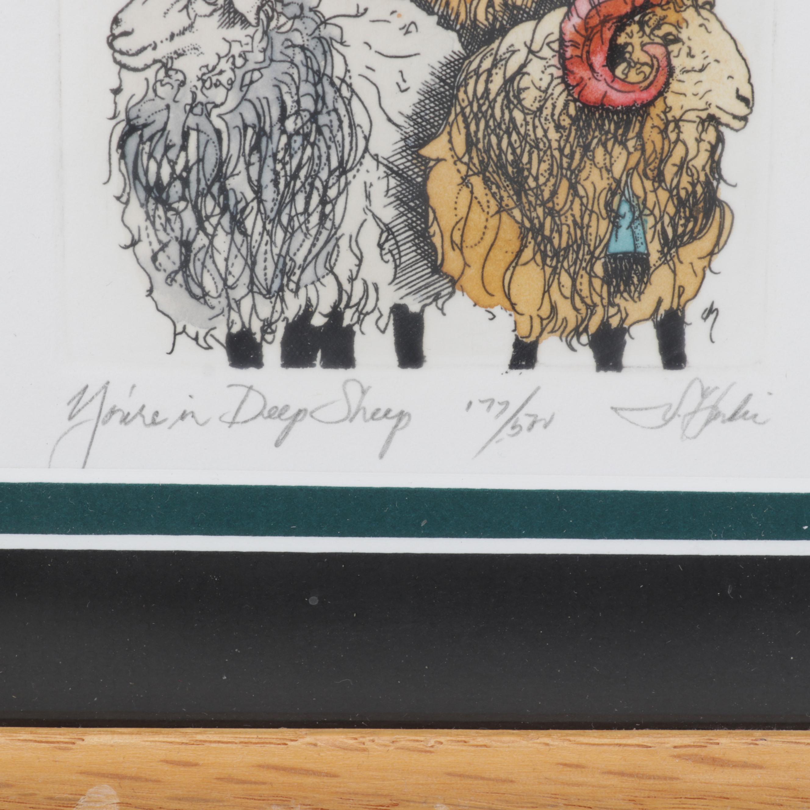 Darlene Hardie Folk Art Hand-Colored Etchings, Late 20th Century