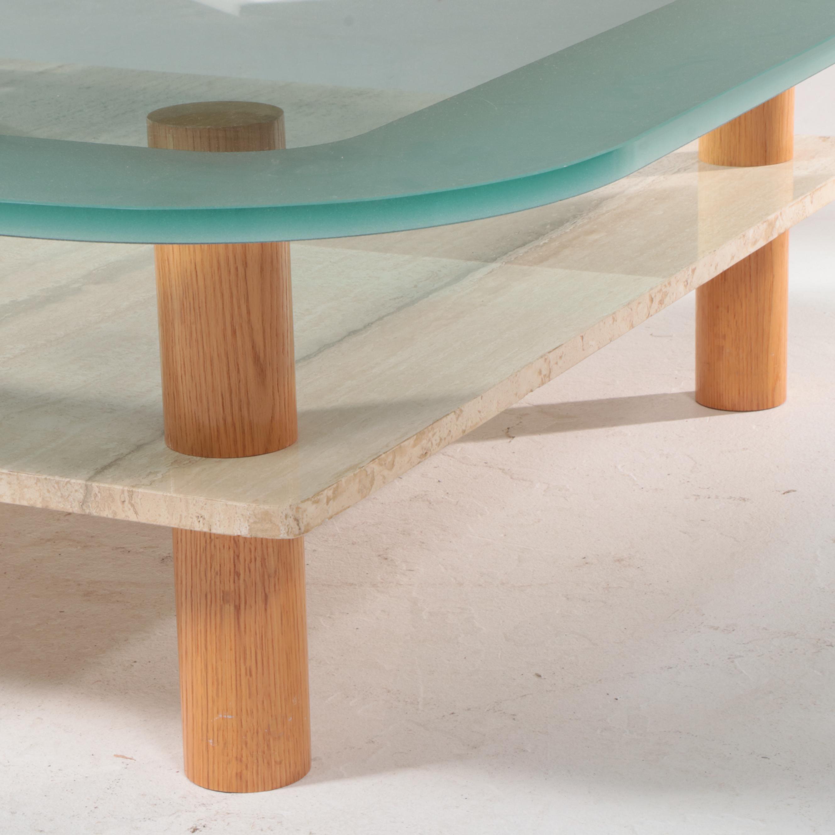 Post Modernist Oak, Travertine, and Glass Top Coffee Table, Late 20th Century