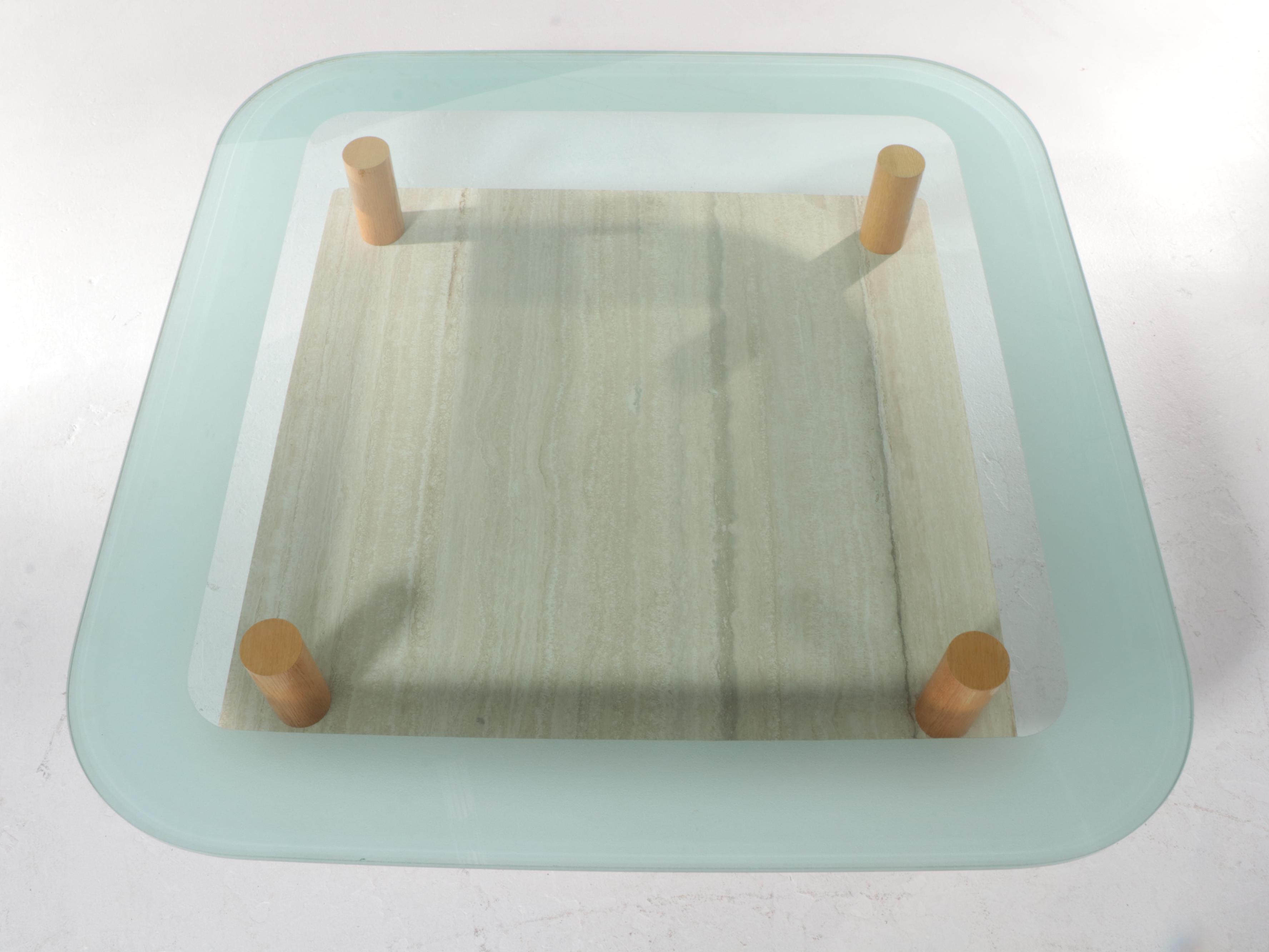 Post Modernist Oak, Travertine, and Glass Top Coffee Table, Late 20th Century