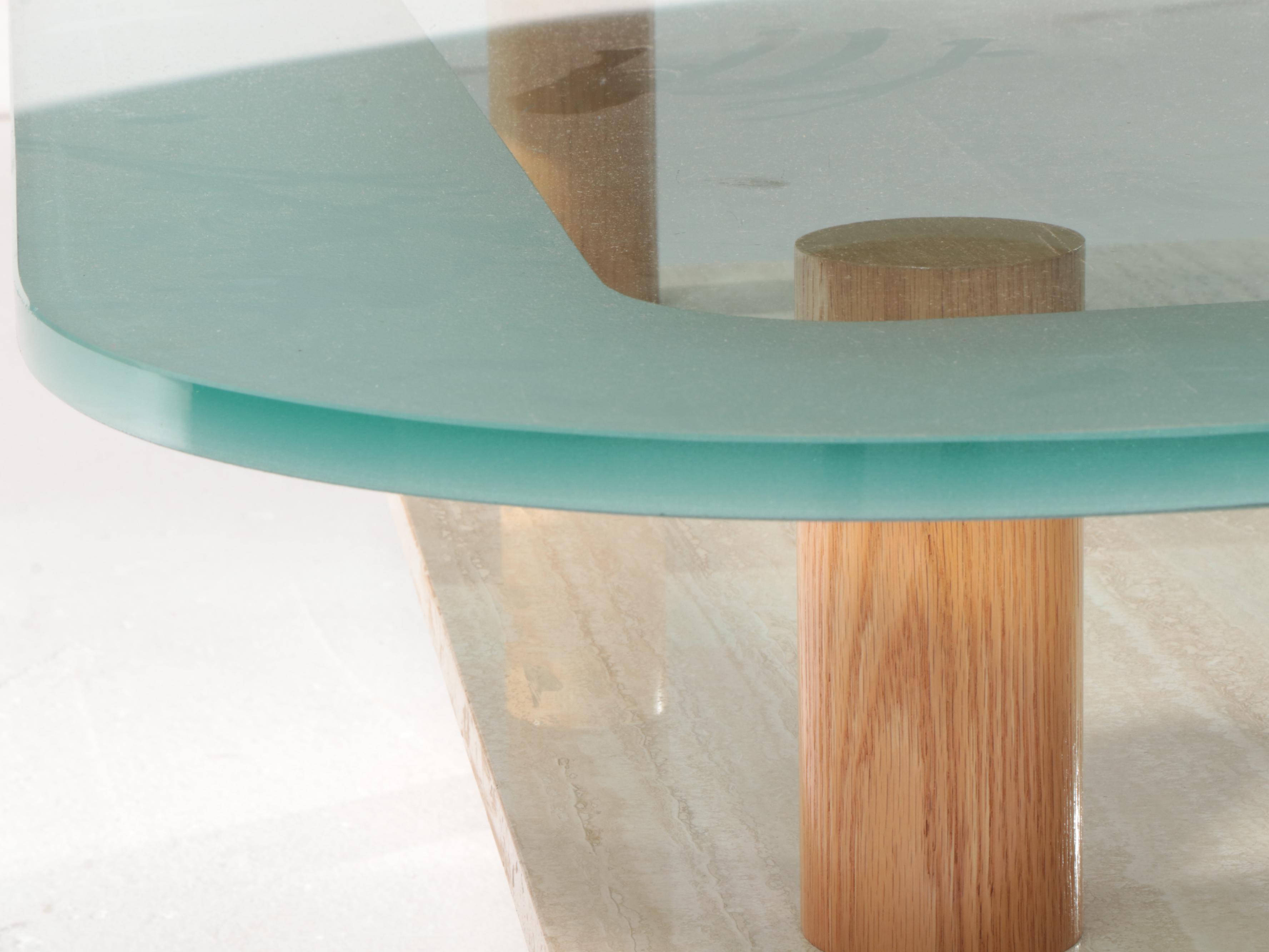 Post Modernist Oak, Travertine, and Glass Top Coffee Table, Late 20th Century