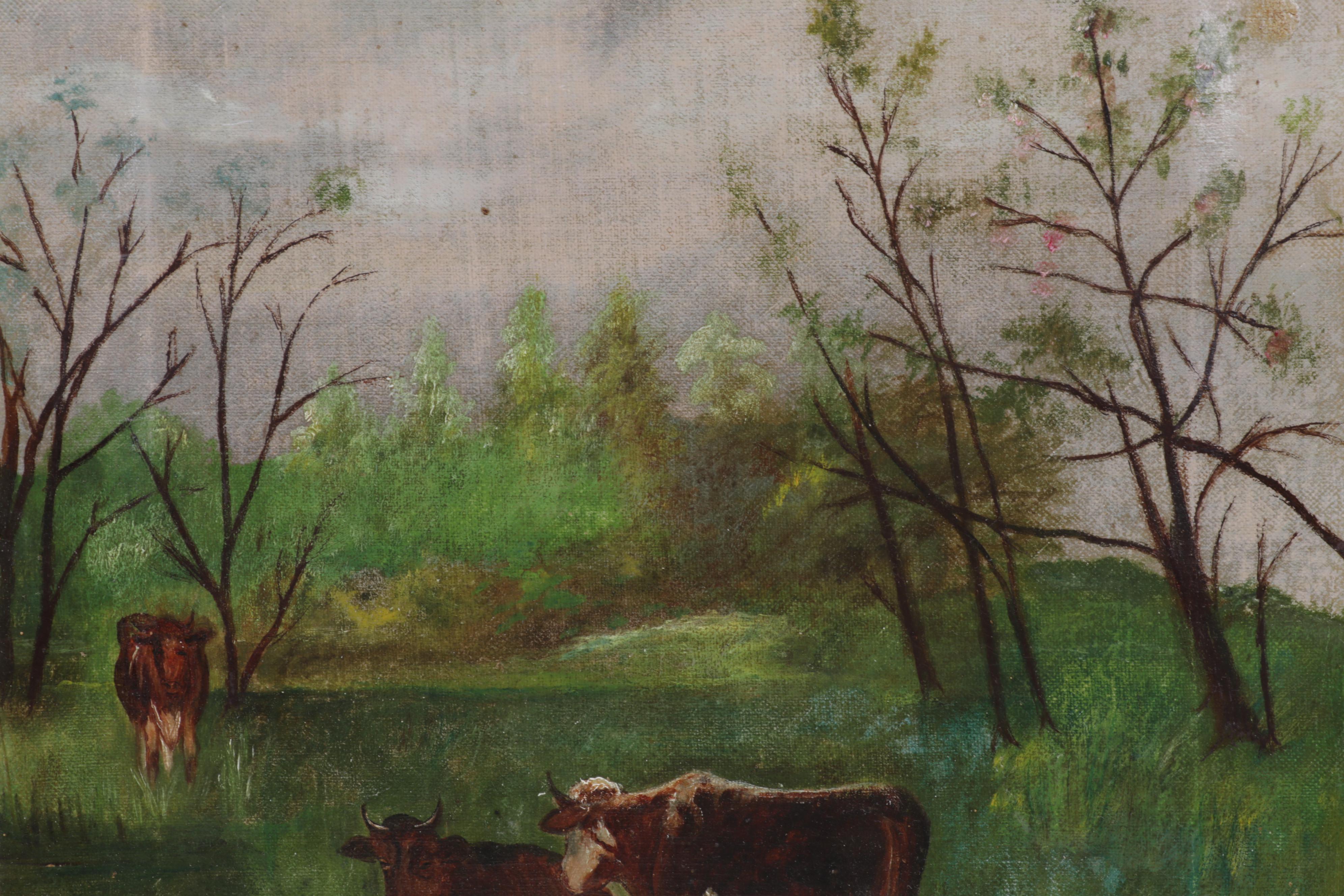Cattle in Pasture Oil Painting, Early 20th Century
