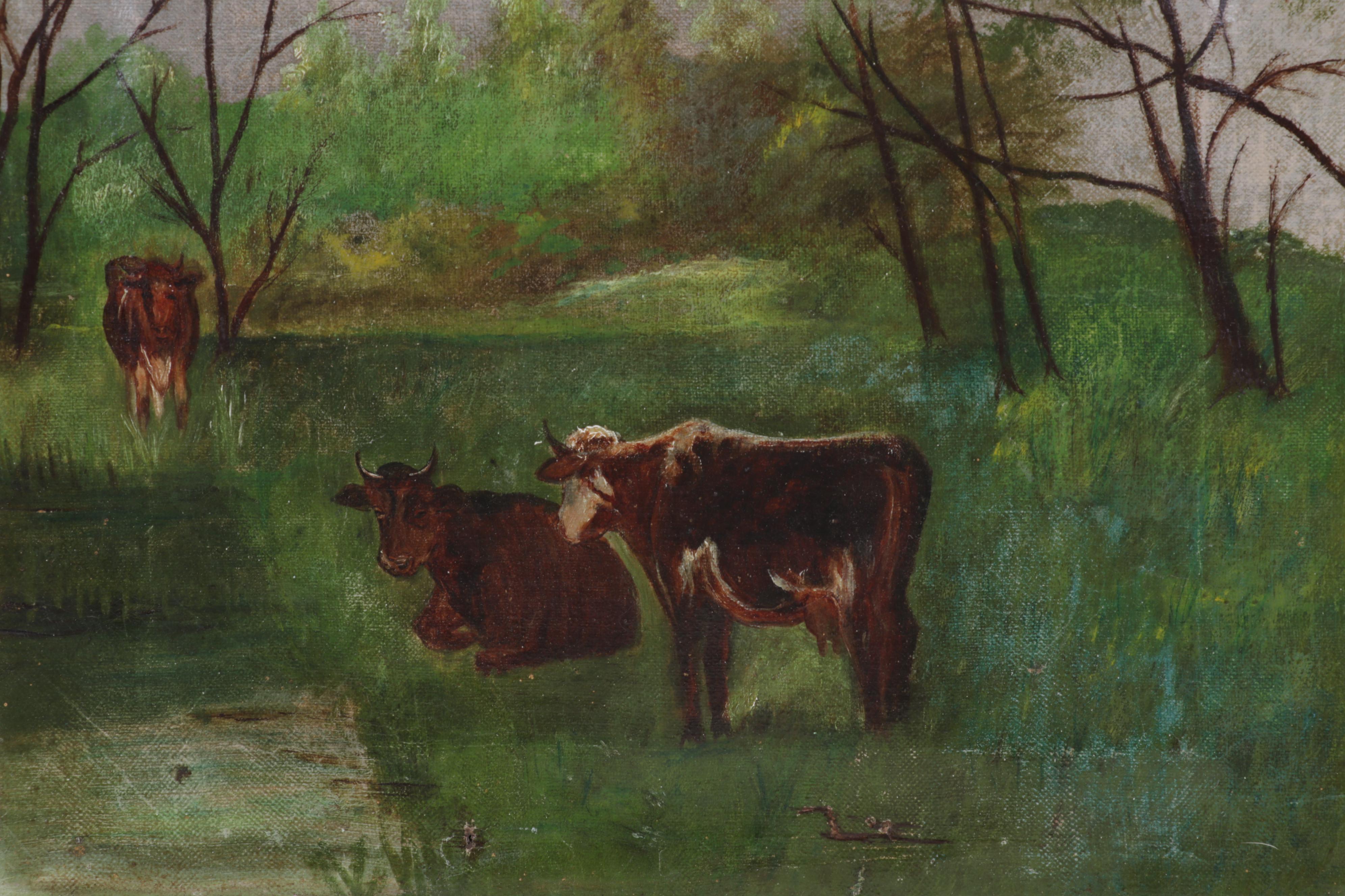 Cattle in Pasture Oil Painting, Early 20th Century