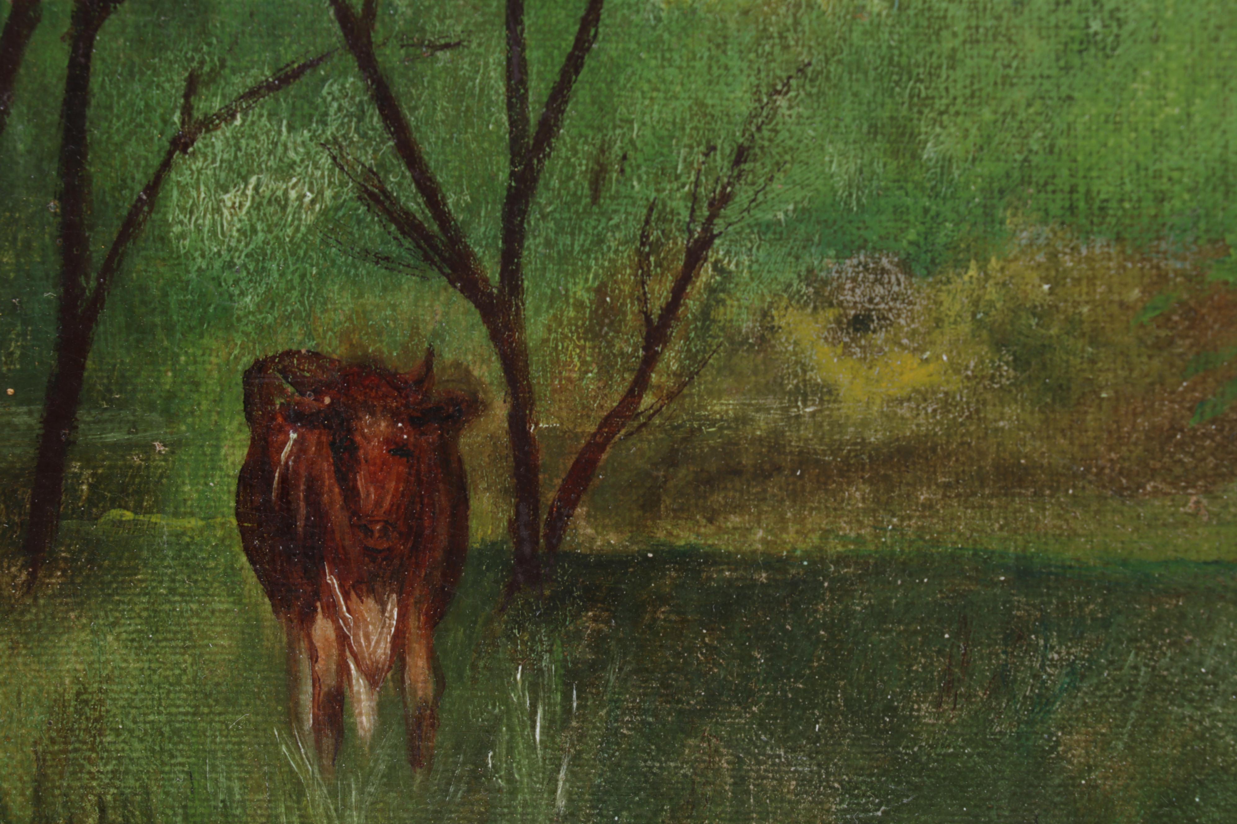 Cattle in Pasture Oil Painting, Early 20th Century