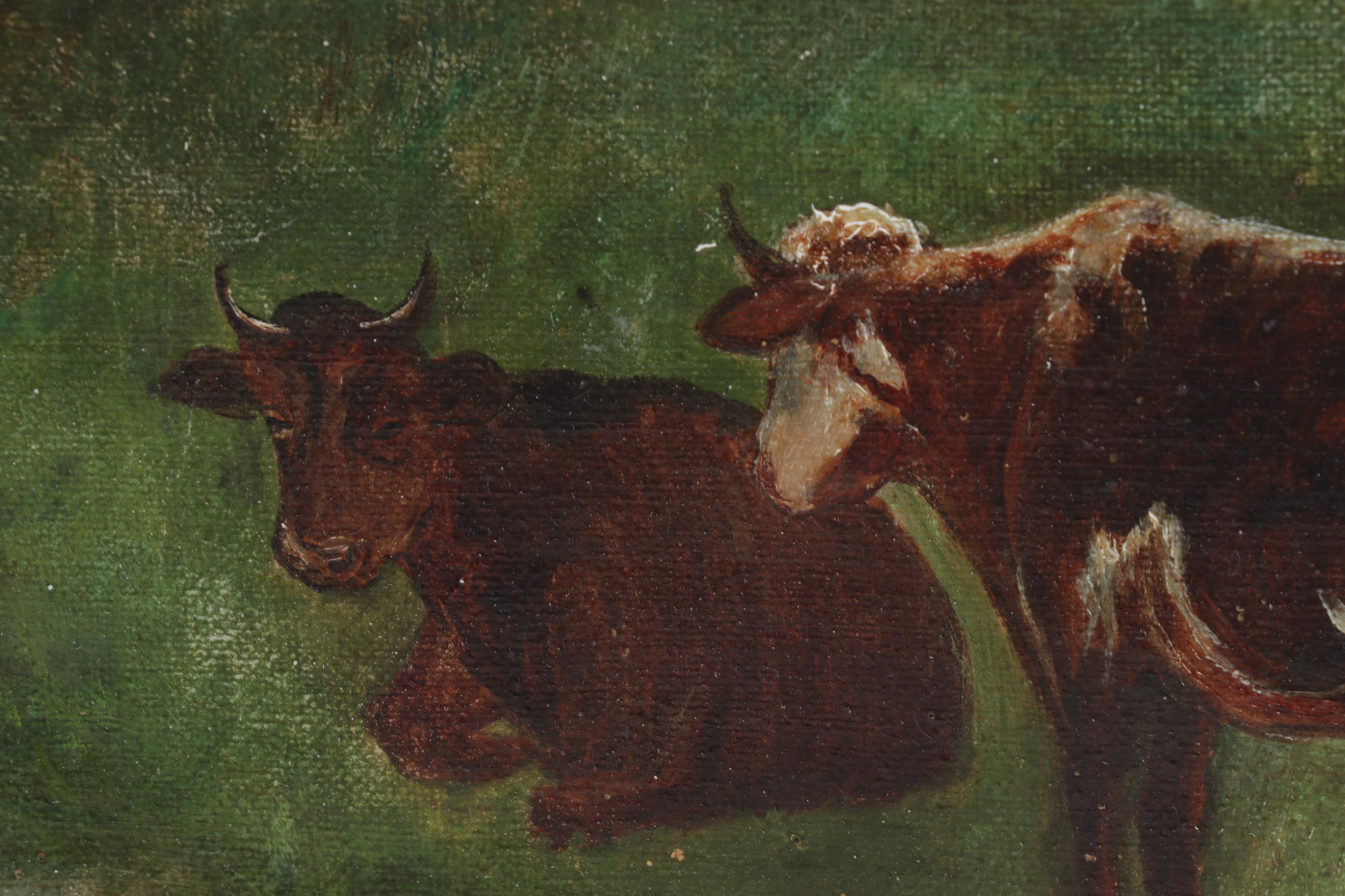 Cattle in Pasture Oil Painting, Early 20th Century
