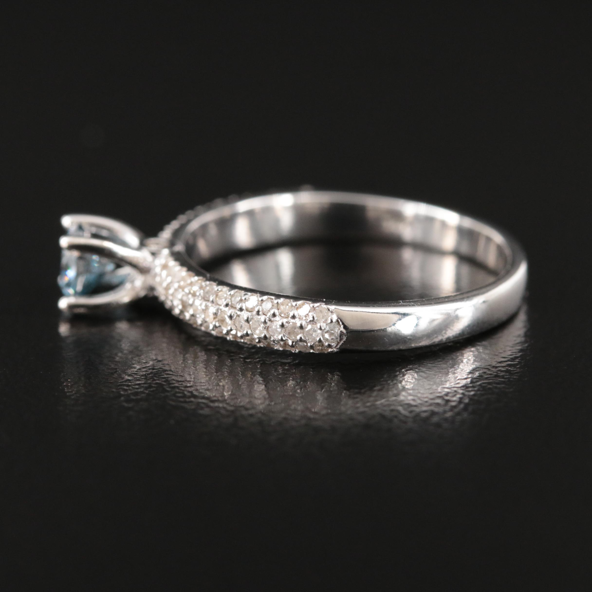 14K 0.82 CTW Diamond Ring with Pavé Shoulders and Fancy Blue Center