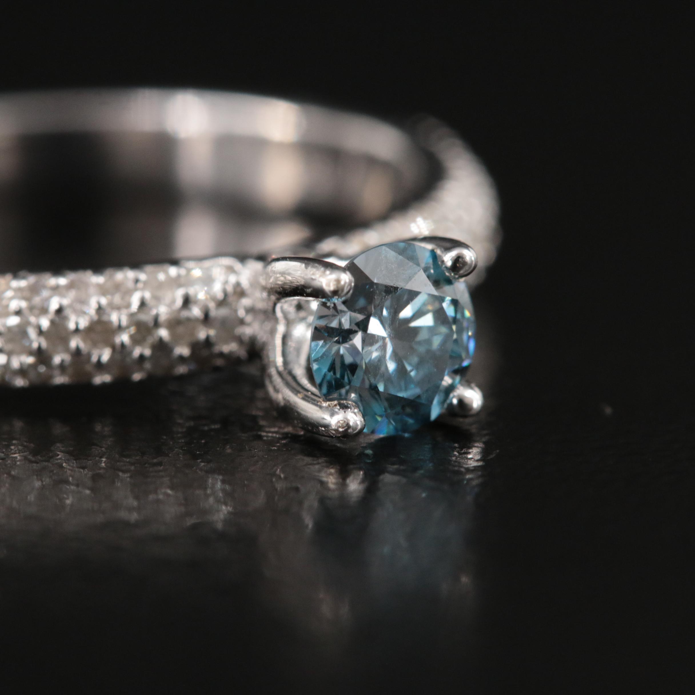 14K 0.82 CTW Diamond Ring with Pavé Shoulders and Fancy Blue Center