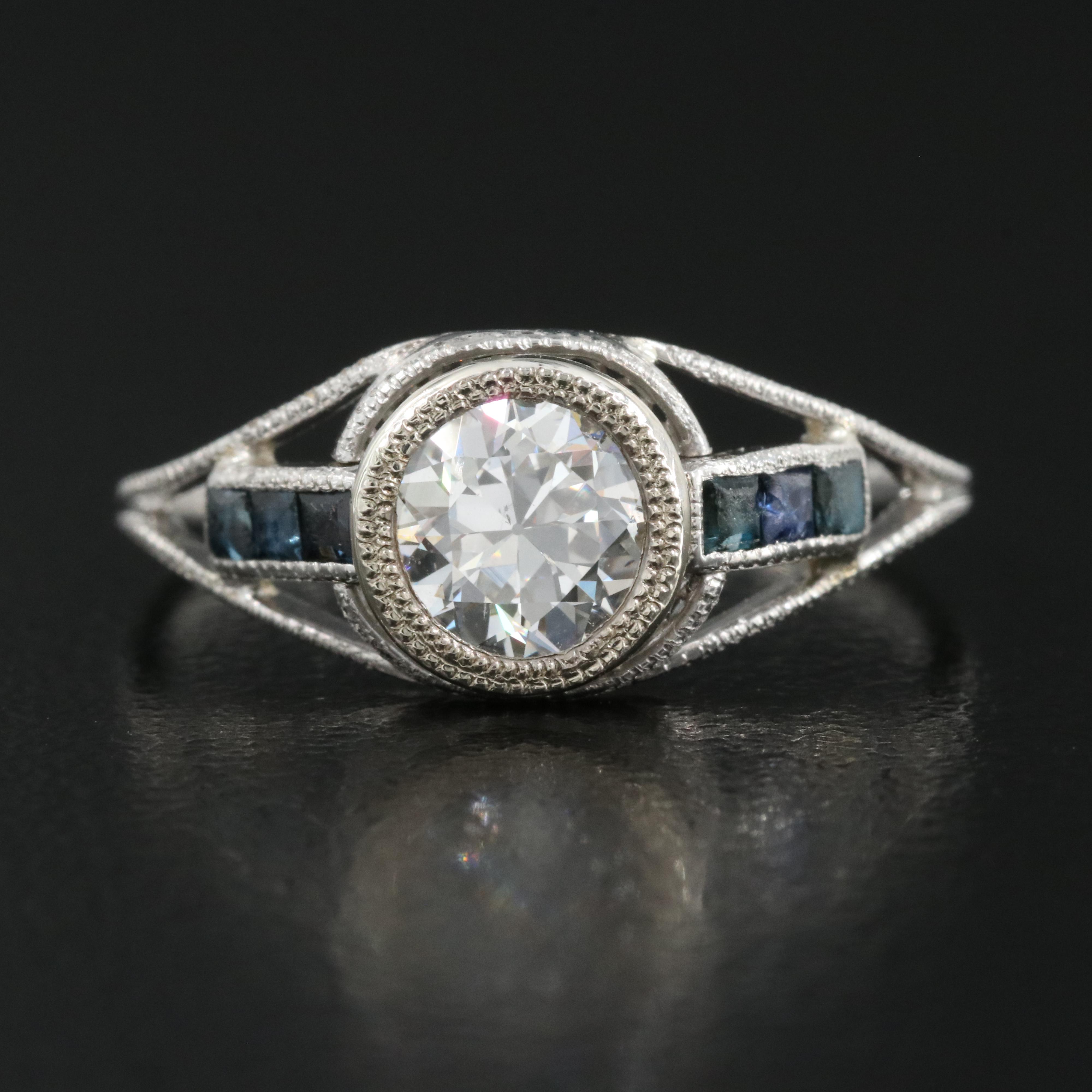 Art Deco Platinum Diamond and Sapphire Ring with 14K Accent and GIA Report
