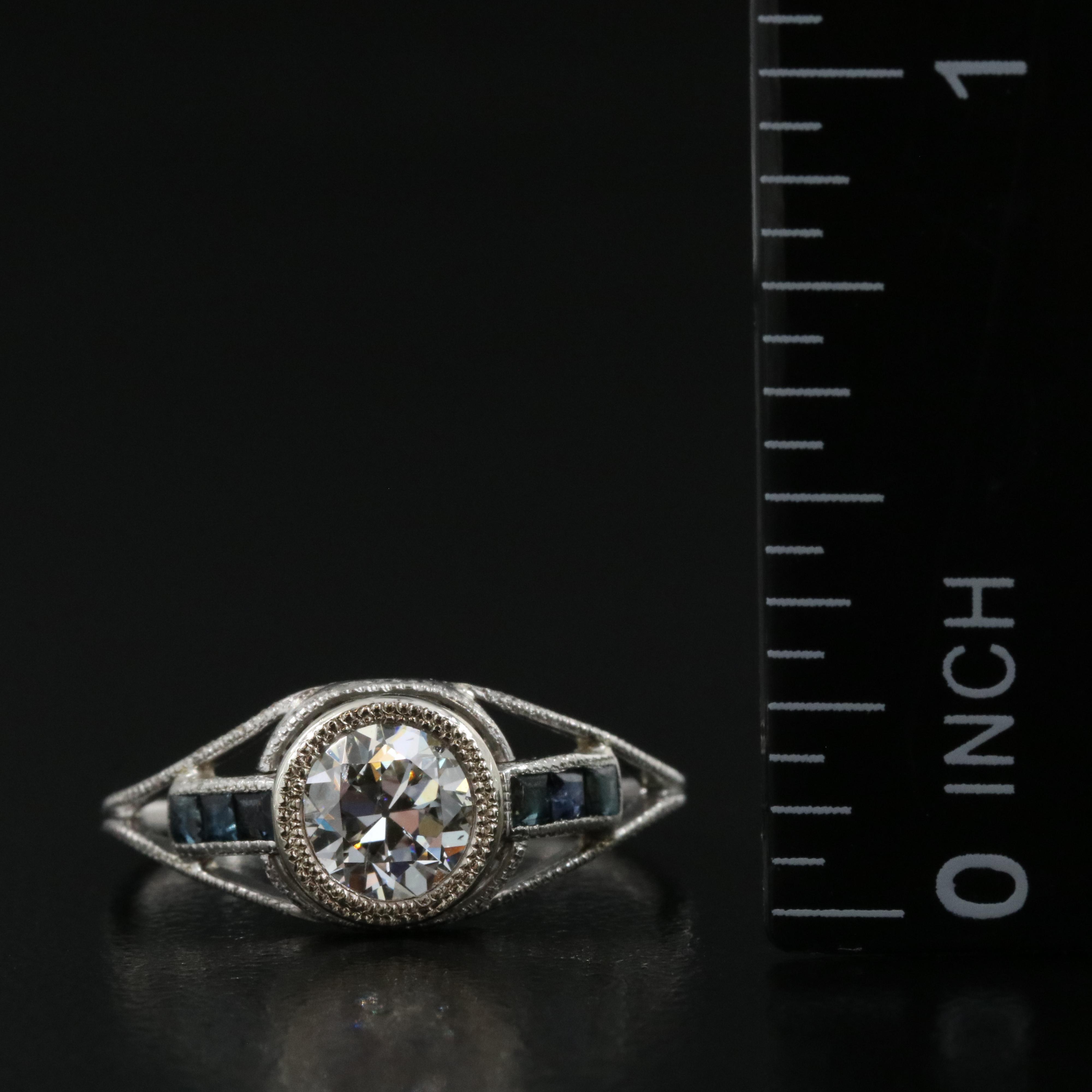Art Deco Platinum Diamond and Sapphire Ring with 14K Accent and GIA Report