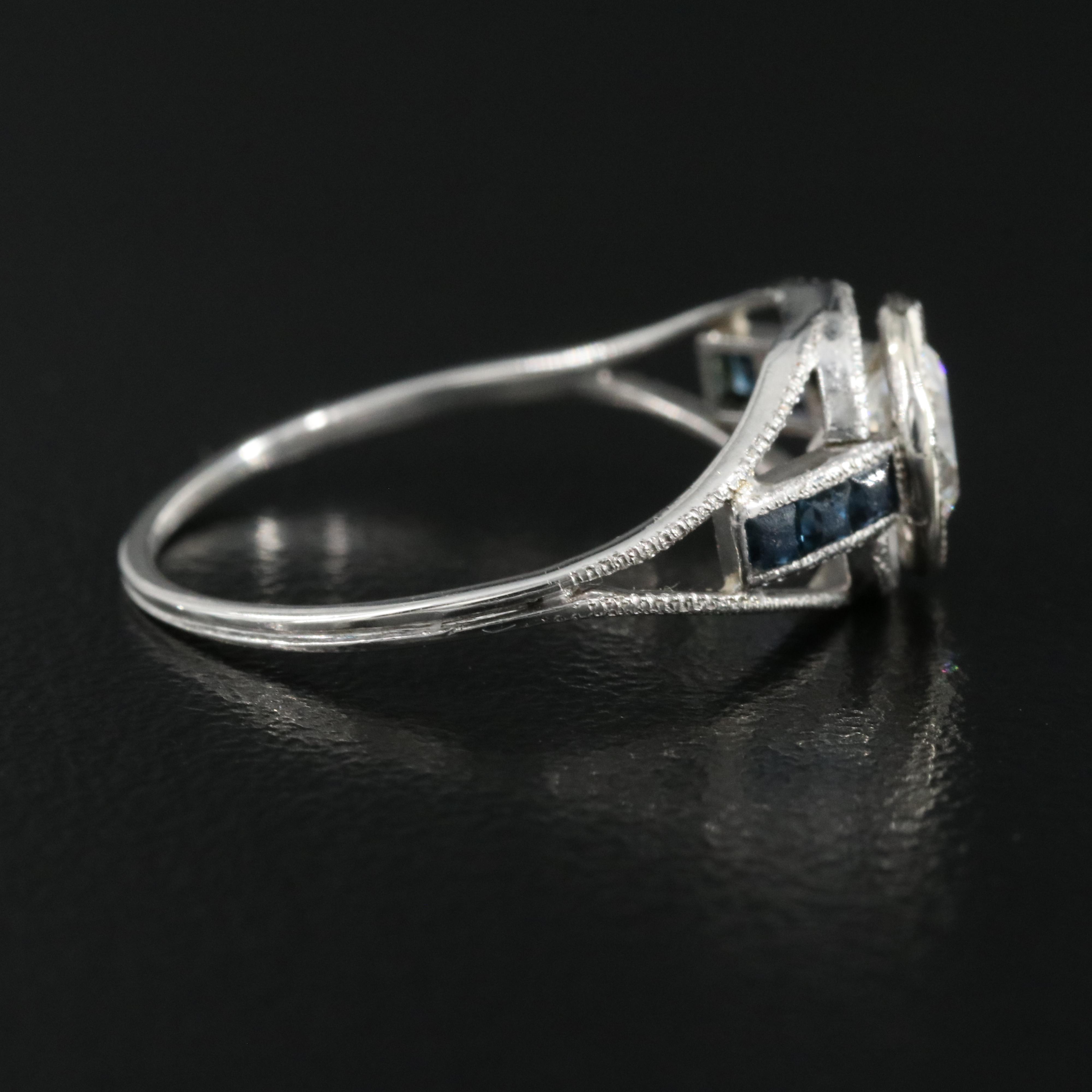 Art Deco Platinum Diamond and Sapphire Ring with 14K Accent and GIA Report