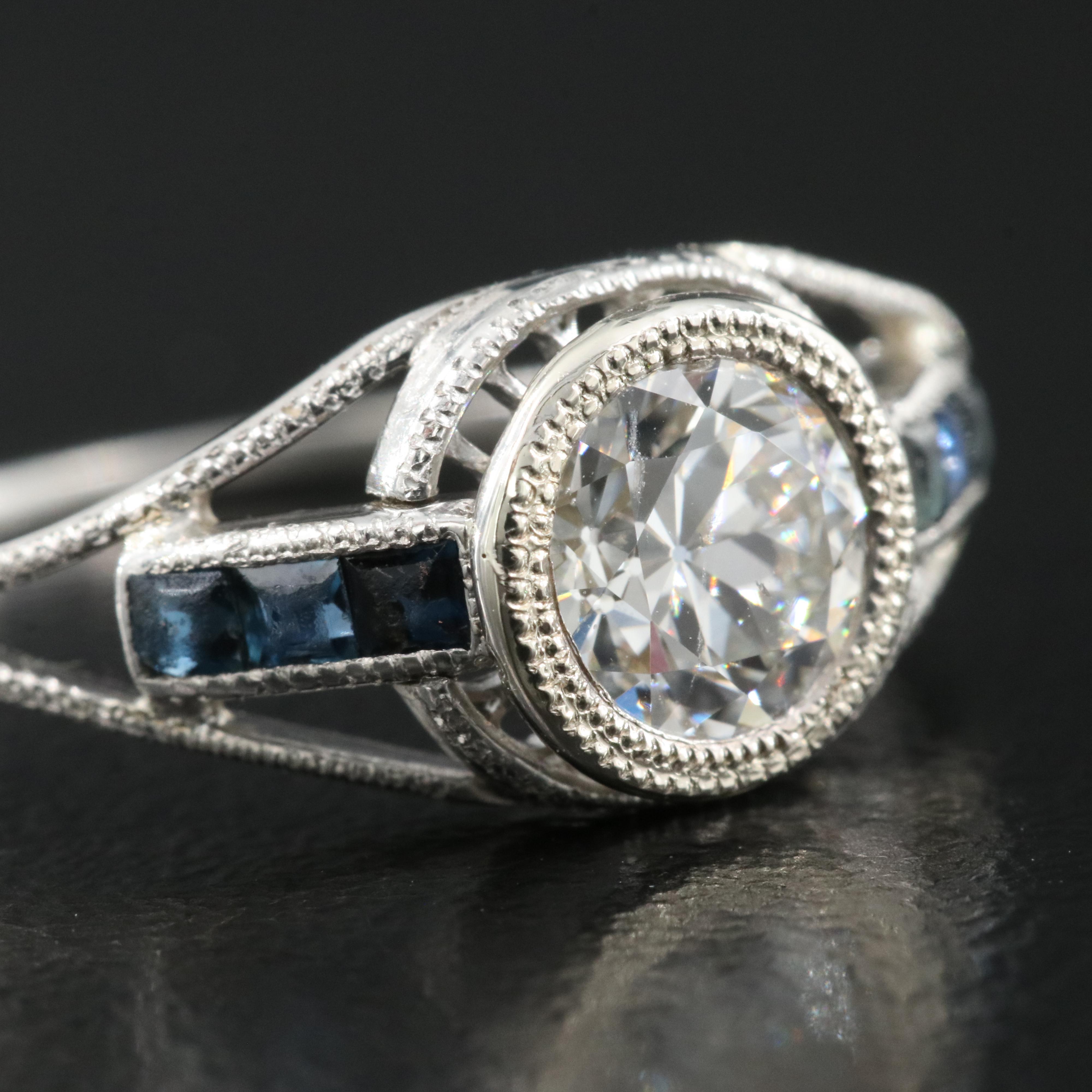 Art Deco Platinum Diamond and Sapphire Ring with 14K Accent and GIA Report