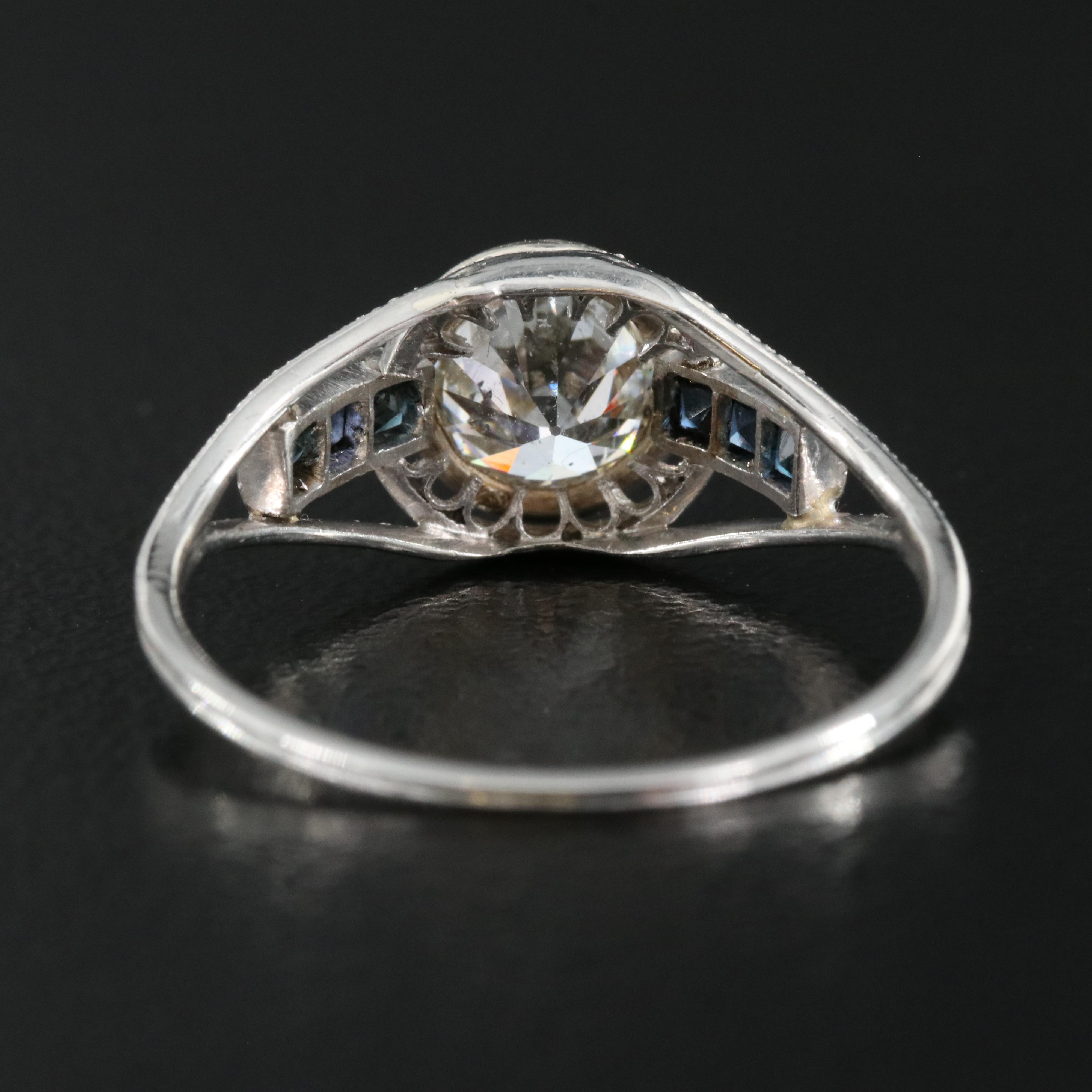 Art Deco Platinum Diamond and Sapphire Ring with 14K Accent and GIA Report