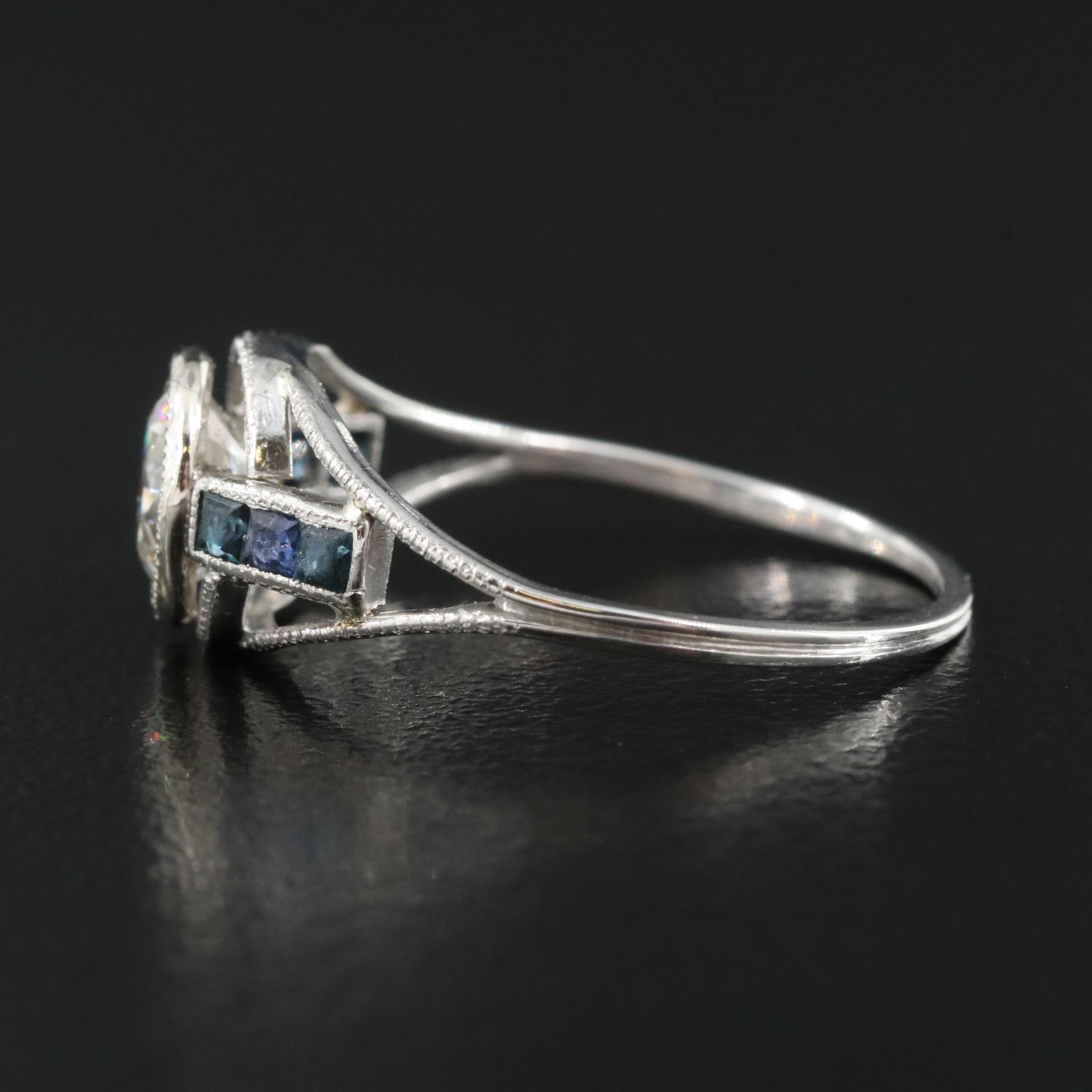 Art Deco Platinum Diamond and Sapphire Ring with 14K Accent and GIA Report
